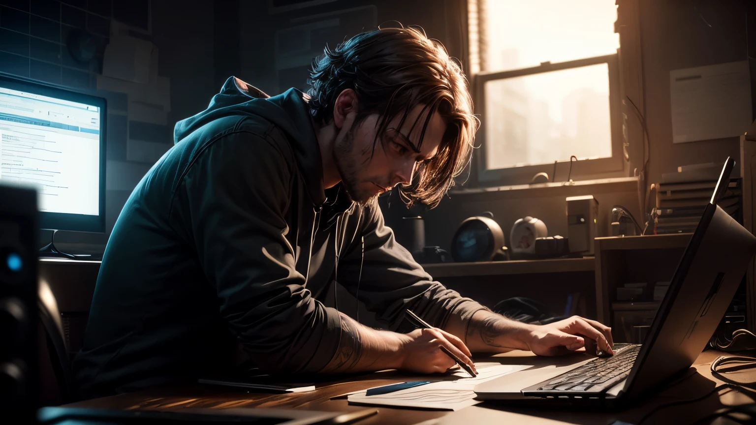 a programmer working on building a computer program in a dystopian setting, hyper-realistic, + cinematic shot + dynamic composition, incredibly detailed, sharpen, details + superb details + evening with light + perfectionism + award winning realism ((moody lighting))