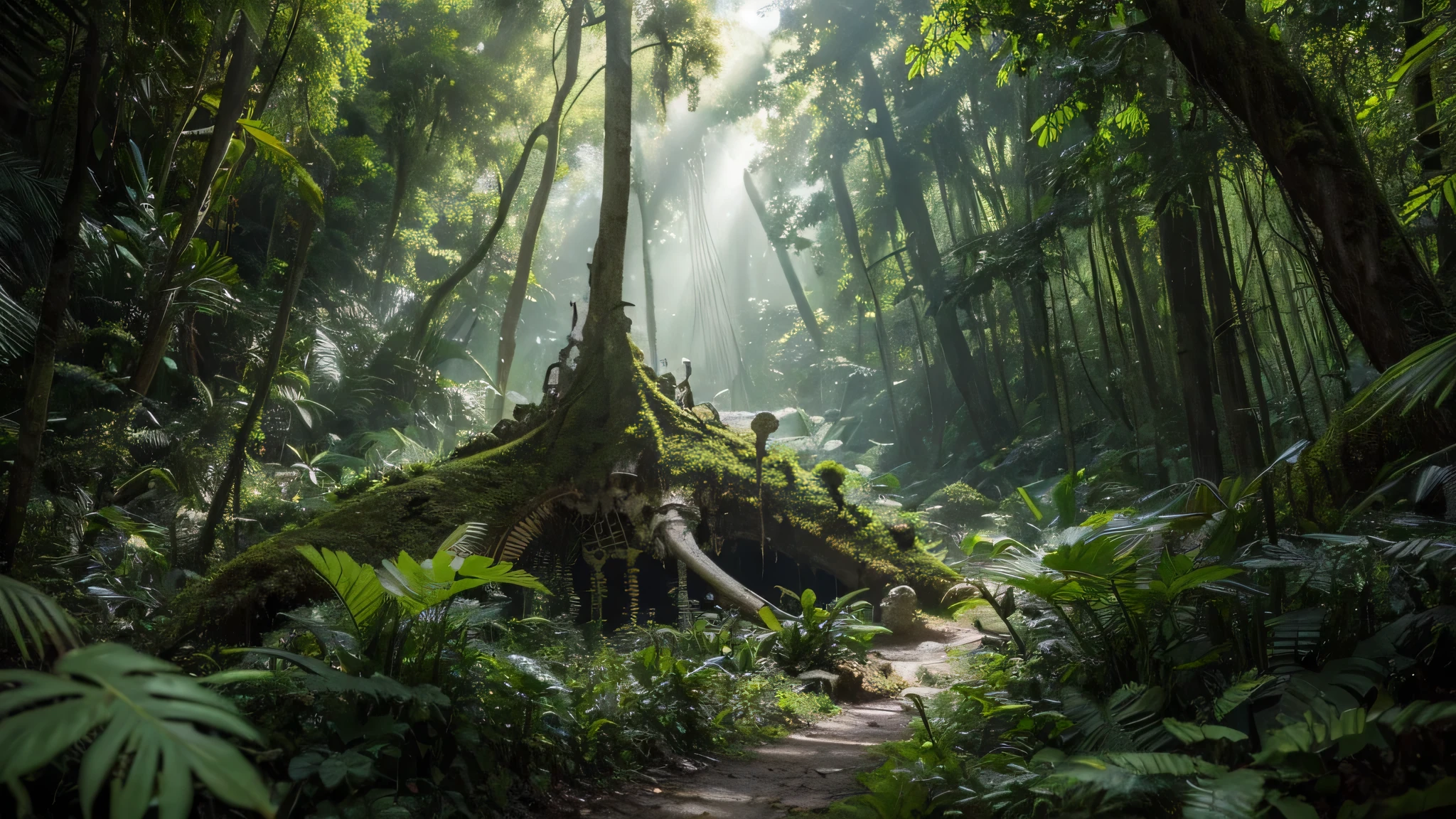 Highlight an ancient monster bone in a dense forest to create a realistic image for artificial intelligence. Capture the grandeur and mystery of the setting, focusing on the impressive details of the bones amidst the vegetation. Use light filtered through leaves and roots to create a unique atmosphere.