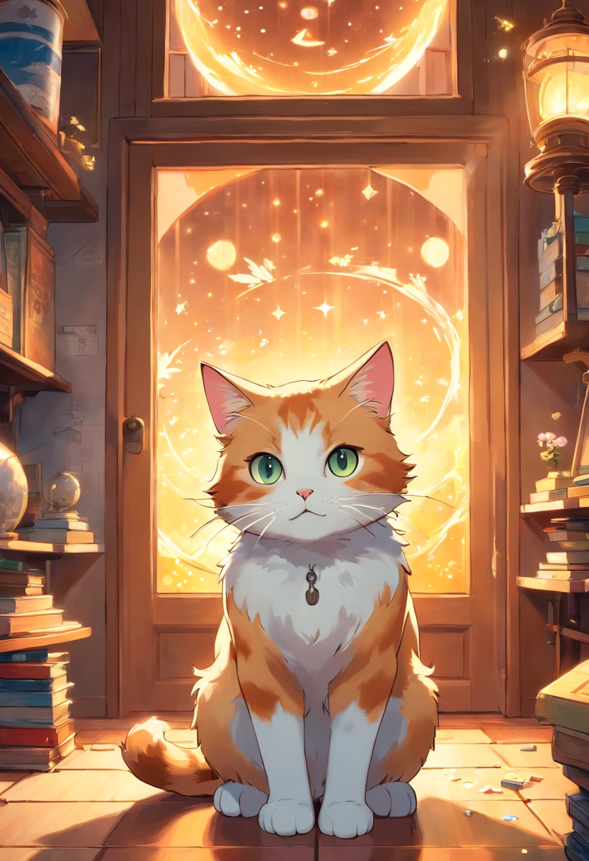 Lighthouse Puzzle, Insanely detailed hyper-realistic cute calico cat in a room, surrounded by glowing luminescent particles, highly detailed, style of J.C. Leyendecker, ilya Kuvshinov