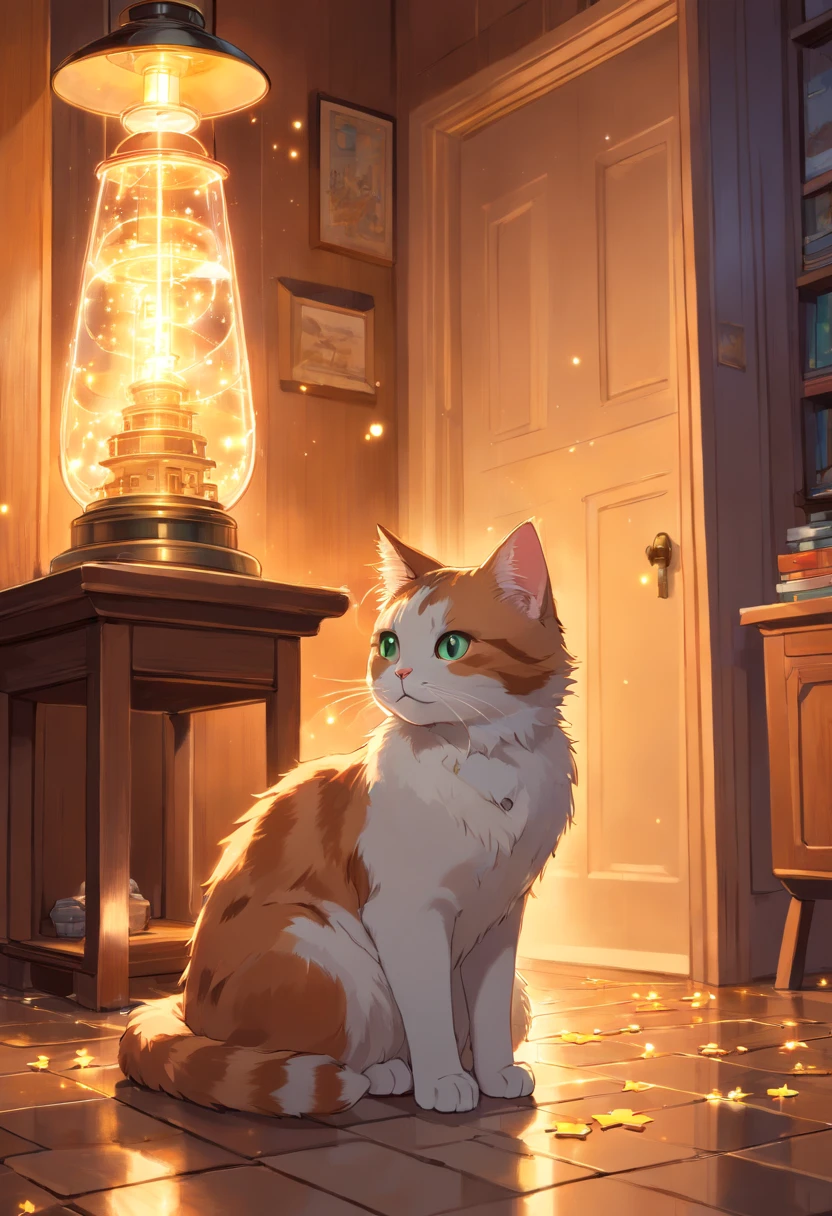 Lighthouse Puzzle, Insanely detailed hyper-realistic cute calico cat in a room, surrounded by glowing luminescent particles, highly detailed, style of J.C. Leyendecker, ilya Kuvshinov