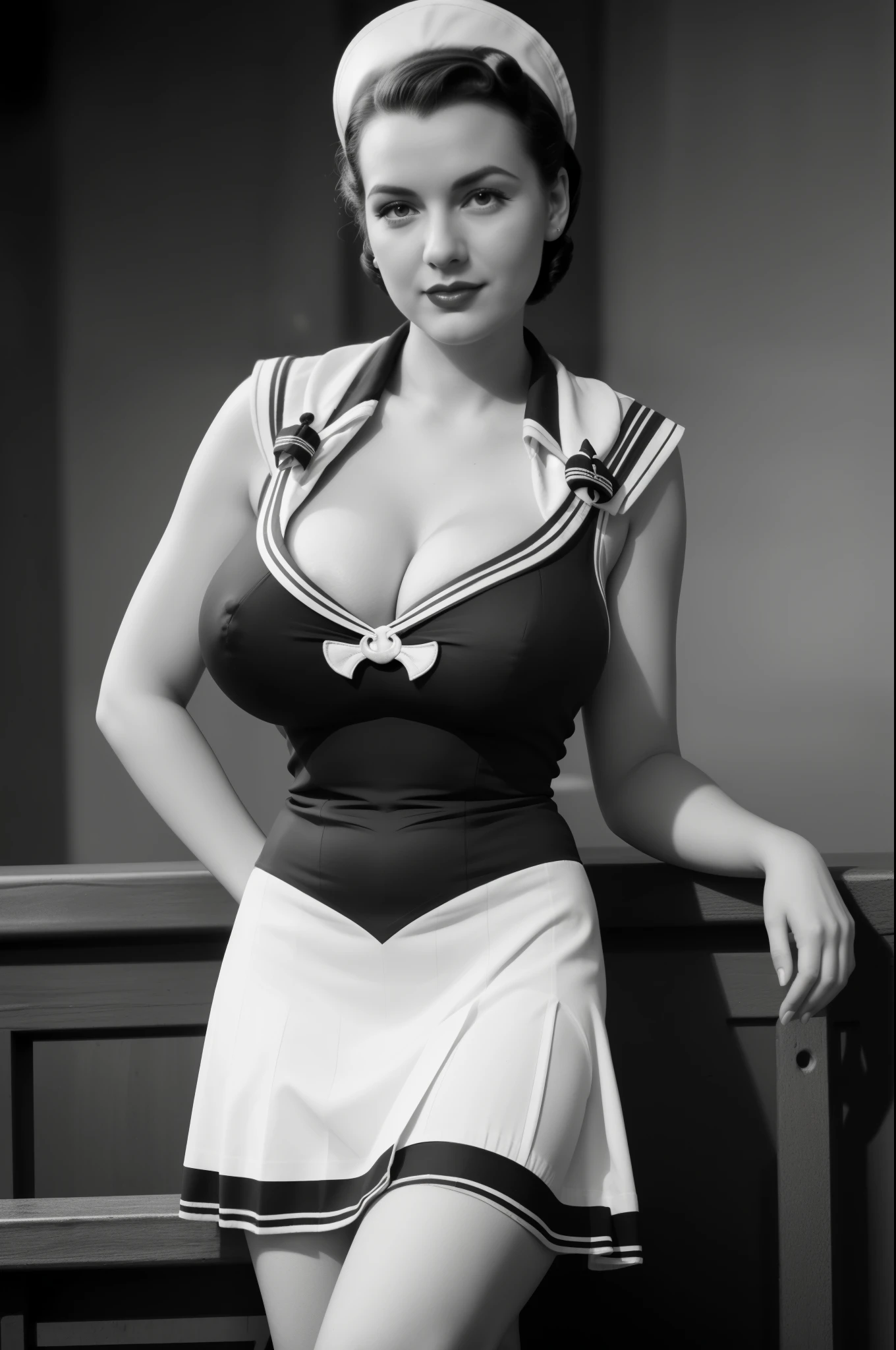 (1940 vintage black and white photograph:1.2), full body portrait of Betty (styled in a (1940's Sailor Dress:1.5), (highly detailed:1.3):1.3), (highly detailed face:1.8), (1940's Pompadour Hairstyle:1.3),  (slim body, (large breasts:1.3), small hips:1.5), (leaning back on the bar:1.5), (background sidewalk downtown New York City 1940:1.4), (soft studio lighting, volumetric shadows), JCH Street Pan, ISO 100