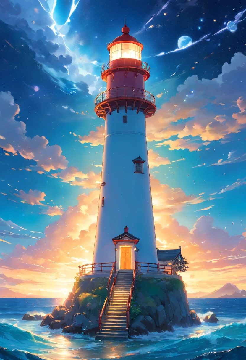 Lighthouse Puzzle, Insanely detailed hyper-realistic, surrounded by glowing luminescent particles, highly detailed, style of J.C. Leyendecker, ilya Kuvshinov