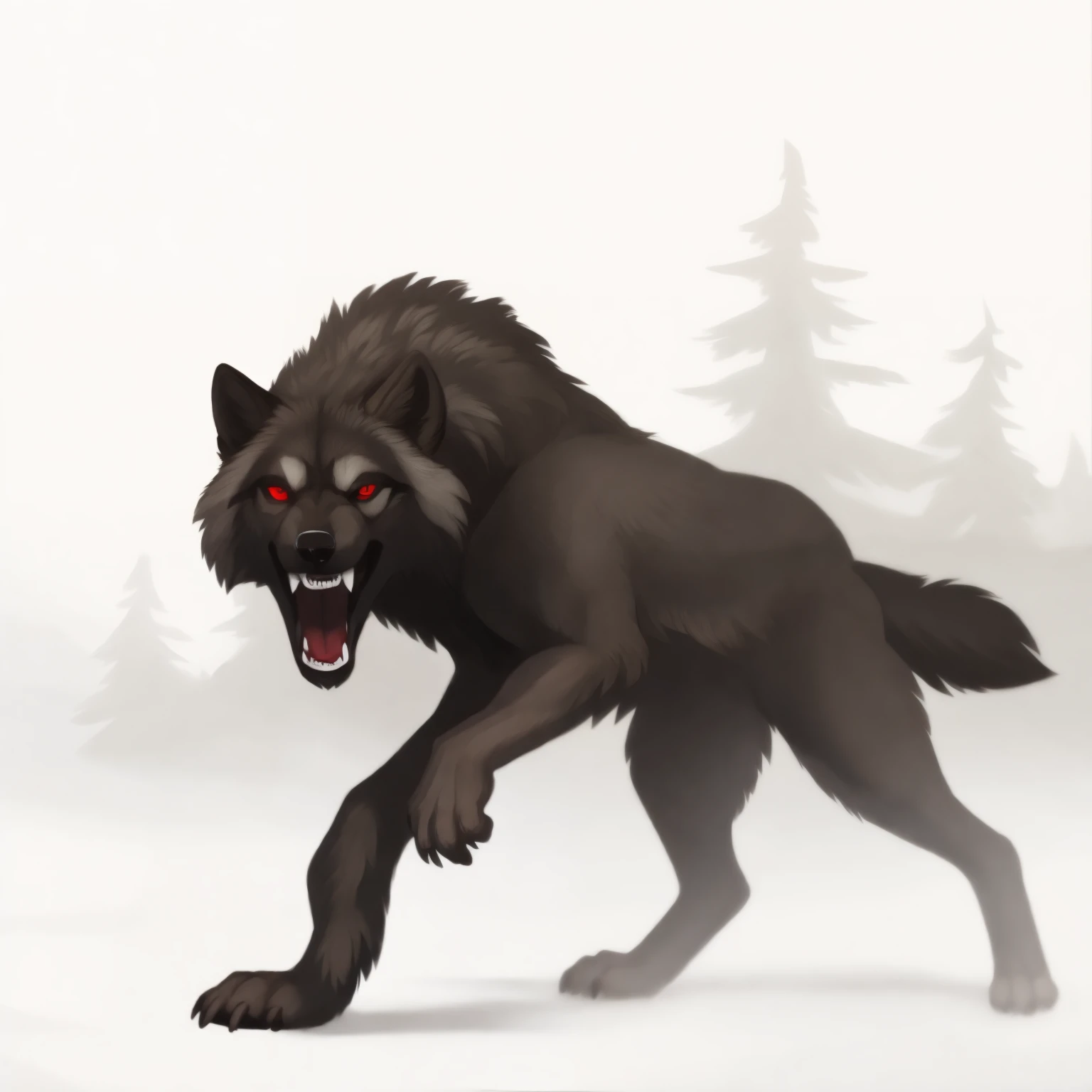 A skinny and hungry black Canadian wolf stands in front of you, his shaggy coat glistening in the moonlight. Its mouth is wide open, exposing huge fangs that seem to glow in the dark.  The red eyes are shining with anger. This anthropomorphic male wolf exudes strength and dominance, a true alpha of the pack.