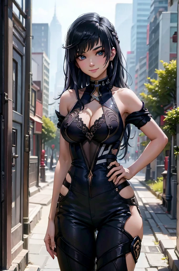 Yelan, 1girl, solo, long hair, looking at viewer, smile, breasts, city background, butt, bare shoulders, teeth, tight shirt, short sleeves, closed mouth, black t-shirt,portrait, shorts, skin tight outfit, seductive, realistic, best quality, masterpiece, ultra detail, ultra high res, extreme detail, 8k, uhd