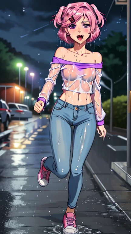 SoakingWetClothes, Masterpiece, mature, adult, highest quality, (ddlcnatsuki, fang, hair ornament, pink hair, (purple eyes:1.1), casual clothes, purple crop top, off shoulder shirt, fishnet sleeves, jeans, accessories, middle of the night, night sky, soaking wet clothes, wet hair, wet body, wetlook, soaked, pouring rain, outside, running down the sidewalk, dripping wet, soaked clothes, wet clothes, wet fabric, soaking wet, small breasts, looking at camera, tongue out, mouth open, V sign, full body, shoes, breast grab, skinny, light skin tone, fully clothed,