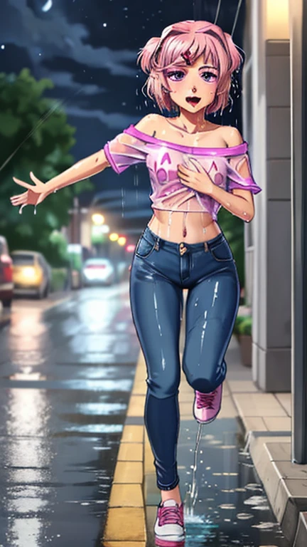 SoakingWetClothes, Masterpiece, mature, adult, highest quality, (ddlcnatsuki, fang, hair ornament, pink hair, (purple eyes:1.1), casual clothes, purple crop top, off shoulder shirt, fishnet sleeves, jeans, accessories, middle of the night, night sky, soaking wet clothes, wet hair, wet body, wetlook, soaked, pouring rain, outside, running down the sidewalk, dripping wet, soaked clothes, wet clothes, wet fabric, soaking wet, small breasts, looking at camera, tongue out, mouth open, V sign, full body, shoes, breast grab, skinny, light skin tone, fully clothed,
