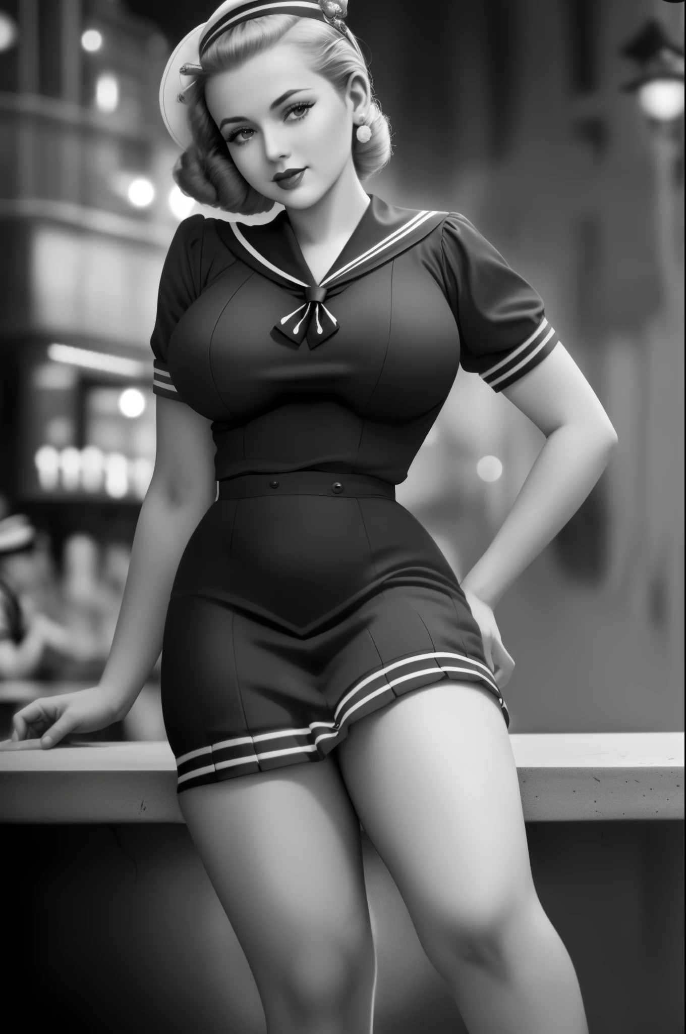 (1940 vintage black and white photograph:1.2), full body portrait of Betty (styled in a (1940's Sailor Dress:1.5), (highly detailed:1.3):1.3), (highly detailed face:1.8), (1940's Pompadour Hairstyle:1.3),  (slim body, (large breasts:1.3), small hips:1.5), (leaning back on the bar:1.5), (background sidewalk downtown New York City 1940:1.4), (soft studio lighting, volumetric shadows), JCH Street Pan, ISO 100