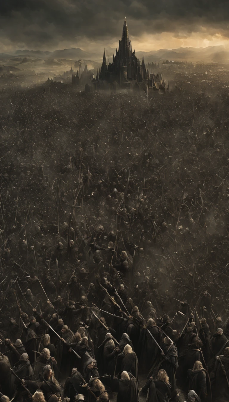arafed image of a man holding a staff in front of a crowd of people, orcs lord of the rings, gondor, still from lord of the rings, the crowd flees the village, expansive cinematic view, mordor as a bustling city, huge armies, aftermath of a huge battle, middle earth, background of invading army, middle-earth