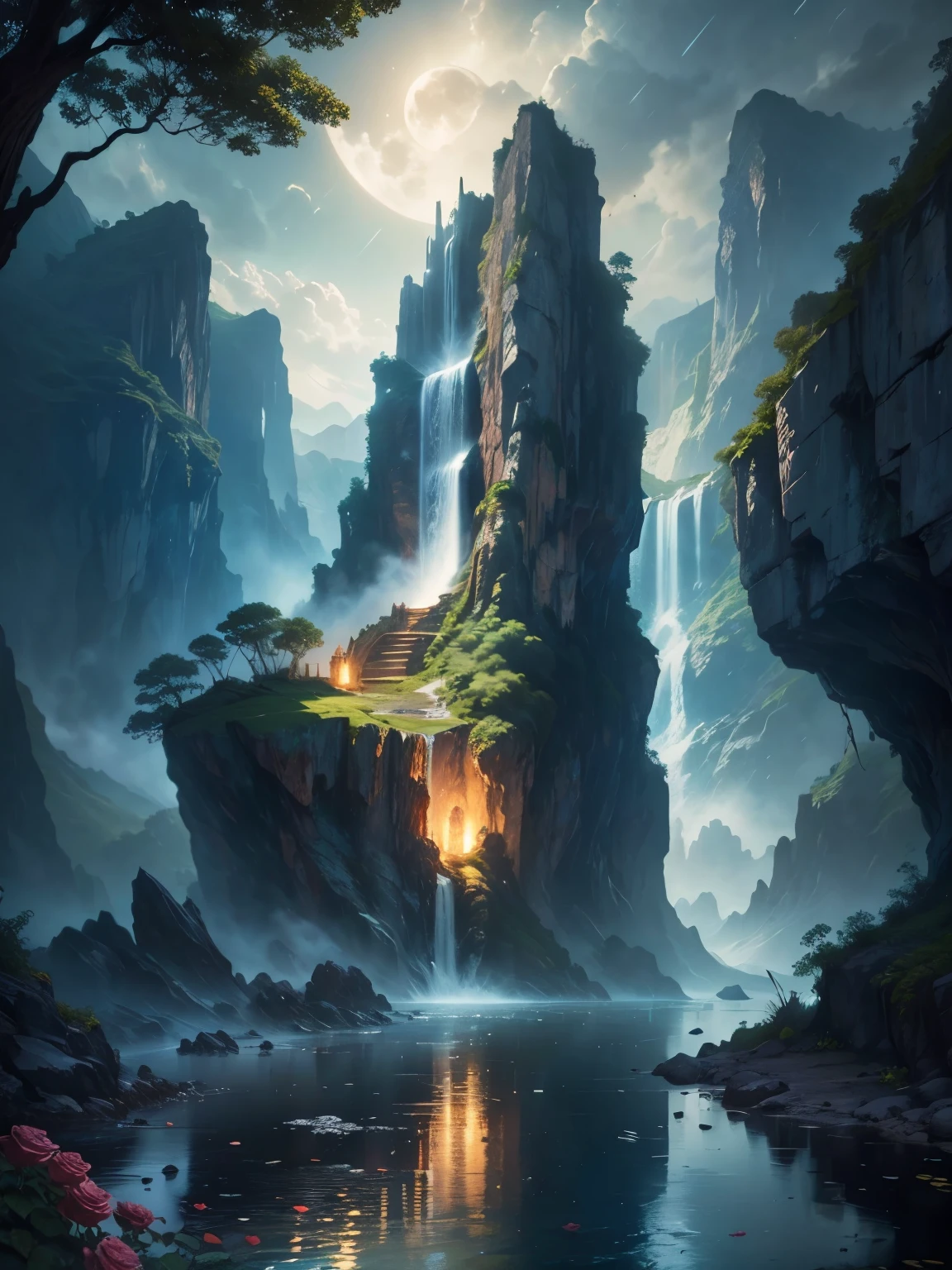 there is a large waterfall in the middle of a mountain, ancient city, epic matte painting of an island, the lost city of atlantis, an aztec city in a island lake, ancient city landscape, lost city of atlantis, marc simonetti. intricate, beautiful concept art, stunning concept art, highly realistic concept art, art style of marc simonetti, (((masterpiece))), best quality, high quality, extremely detailed CG unity 8k wallpaper, scenery, outdoors, sky, cloud, no people, mountain, landscape, water, tree, blue sky, waterfall, cliff, nature, lake, river, cloudy sky,award winning photography, Bokeh, Depth of Field, HDR, bloom, Chromatic Aberration ,Photorealistic,extremely detailed, trending on artstation, trending on CGsociety, Intricate, High Detail, dramatic, art by midjourney, tall waterfall, painting of a river with rocks and trees in the foreground, near a river, landscape, jungle, waterfall, crystal clear water, night light,((full moon)), colorful, river with rocks, rock bridge, epic, fantasy, ((roses and flowers on the banks of the pond)), ((oil painting)), moon landscape reflected in river, ((rock bridge))