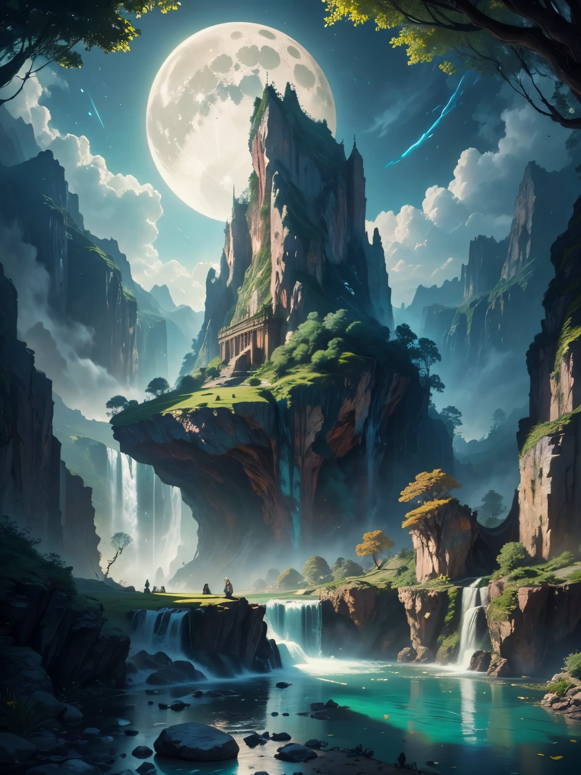 there is a large waterfall in the middle of a mountain, ancient city, epic matte painting of an island, the lost city of atlantis, an aztec city in a island lake, ancient city landscape, lost city of atlantis, marc simonetti. intricate, beautiful concept art, stunning concept art, highly realistic concept art, art style of marc simonetti, (((masterpiece))), best quality, high quality, extremely detailed CG unity 8k wallpaper, scenery, outdoors, sky, cloud, no people, mountain, landscape, water, tree, blue sky, waterfall, cliff, nature, lake, river, cloudy sky,award winning photography, Bokeh, Depth of Field, HDR, bloom, Chromatic Aberration ,Photorealistic,extremely detailed, trending on artstation, trending on CGsociety, Intricate, High Detail, dramatic, art by midjourney, tall waterfall, painting of a river with rocks and trees in the foreground, near a river, landscape, jungle, waterfall, crystal clear water, night light,((full moon)), colorful, river with rocks, rock bridge, epic, fantasy, ((roses and flowers on the banks of the pond)), ((oil painting)), moon landscape reflected in river, ((rock bridge))