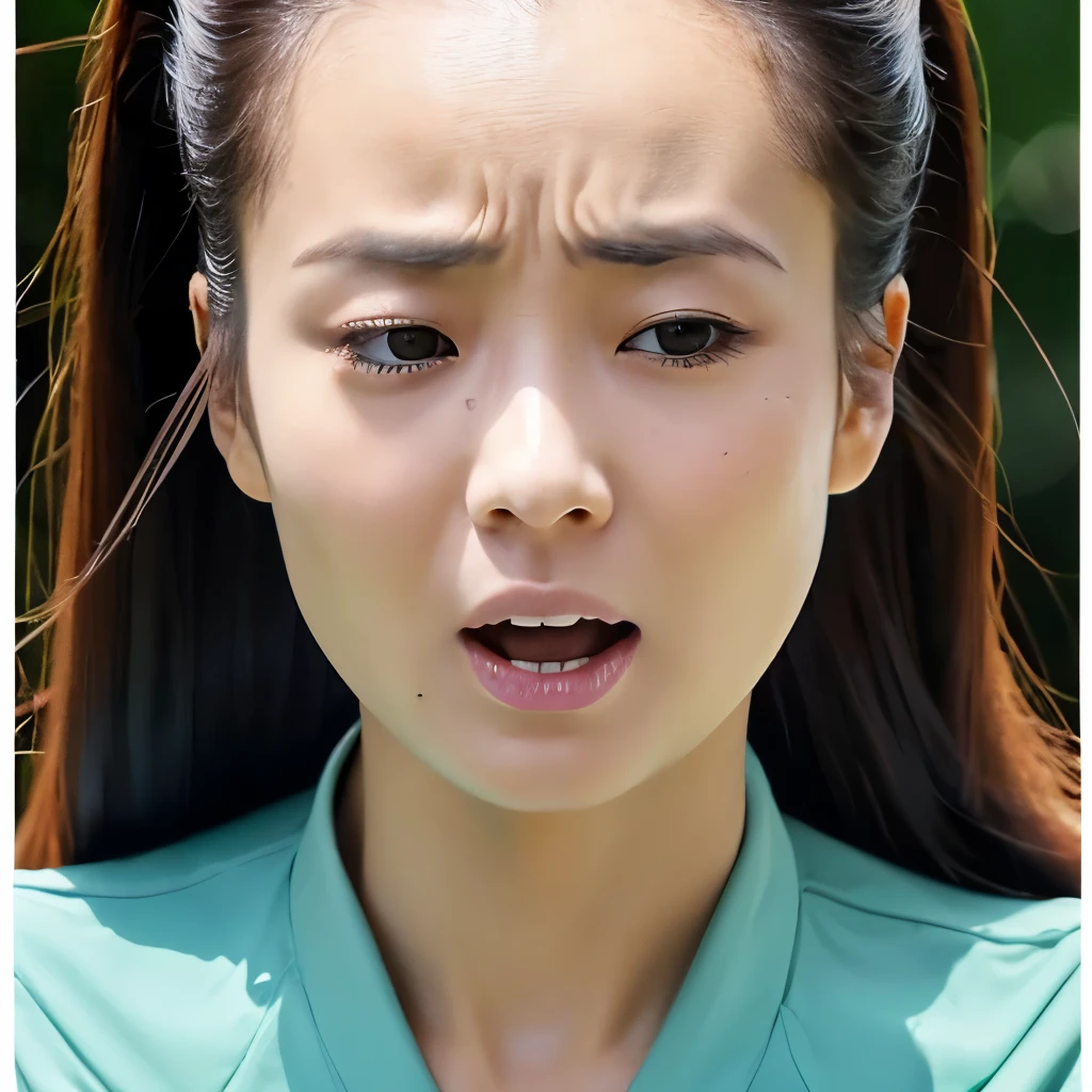 beauty、highest quality、Hairstyle with the forehead out、A woman with her mouth open and a very troubled look on her face、(((Face down)))