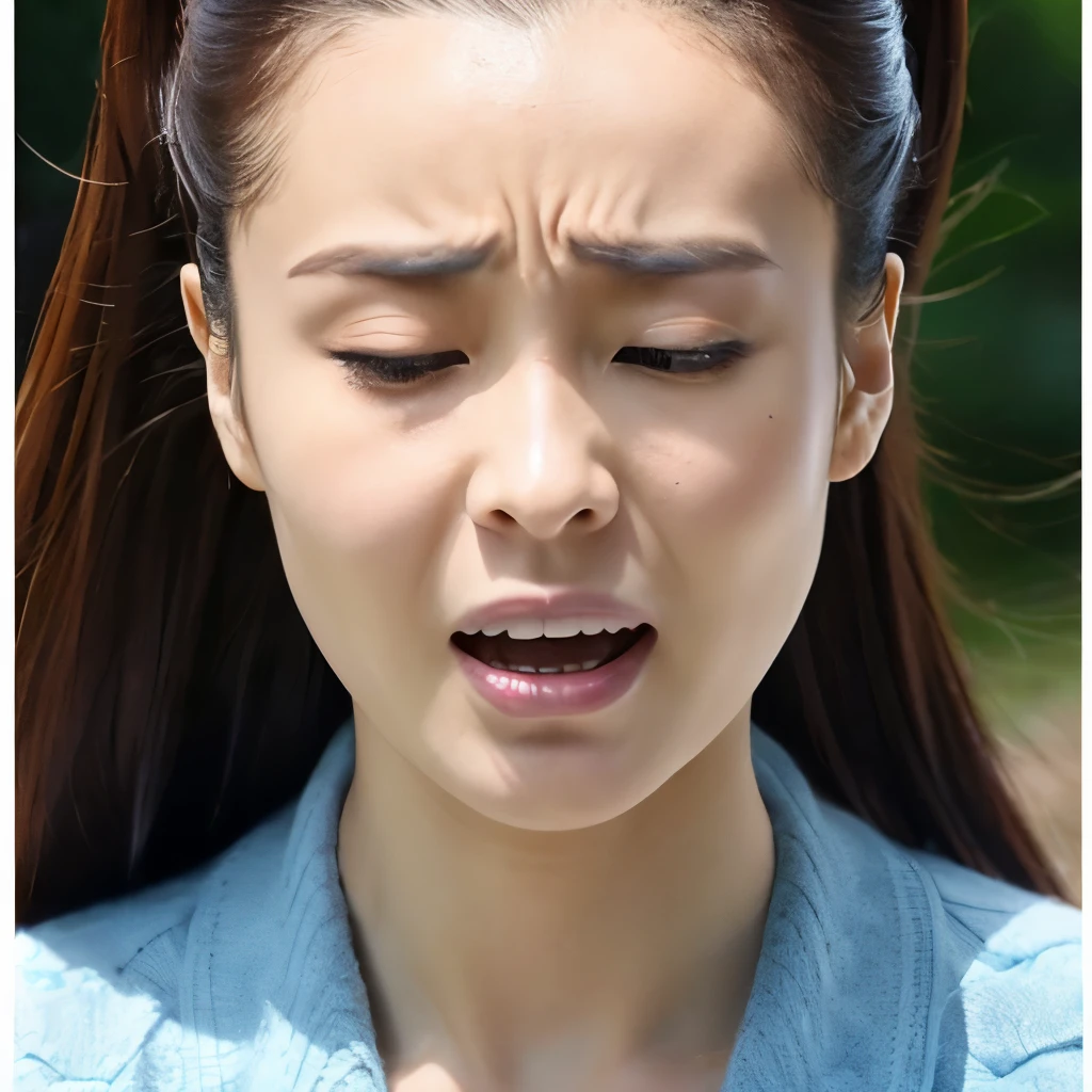 beauty、highest quality、Hairstyle with the forehead out、A woman with her mouth open and a very troubled look on her face、(((Face down)))