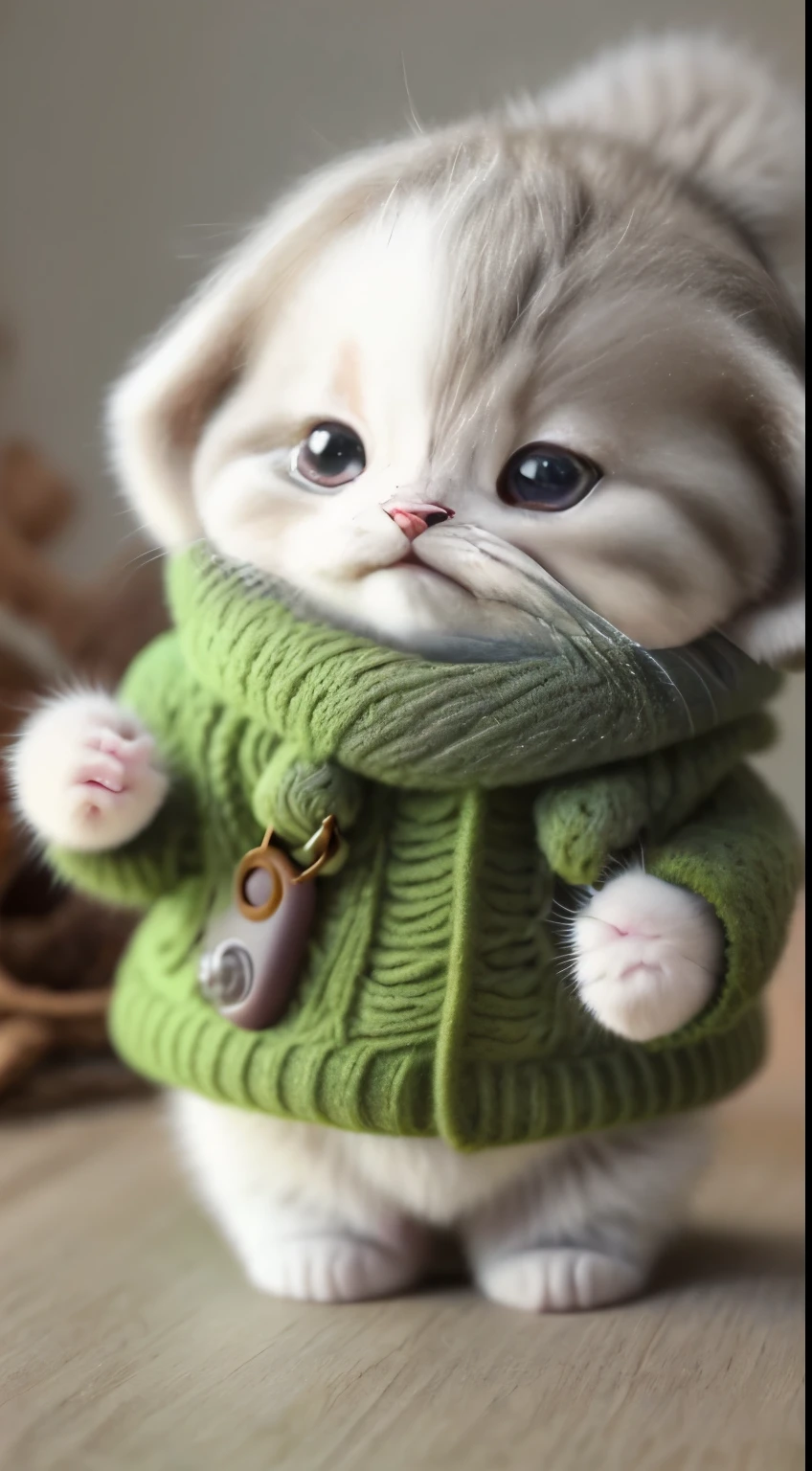 kitten in clothes， detailed paws、miniature kitten， Animal focus， bearded， realistic， POV Hand， ambiguous background，smile，interesting、