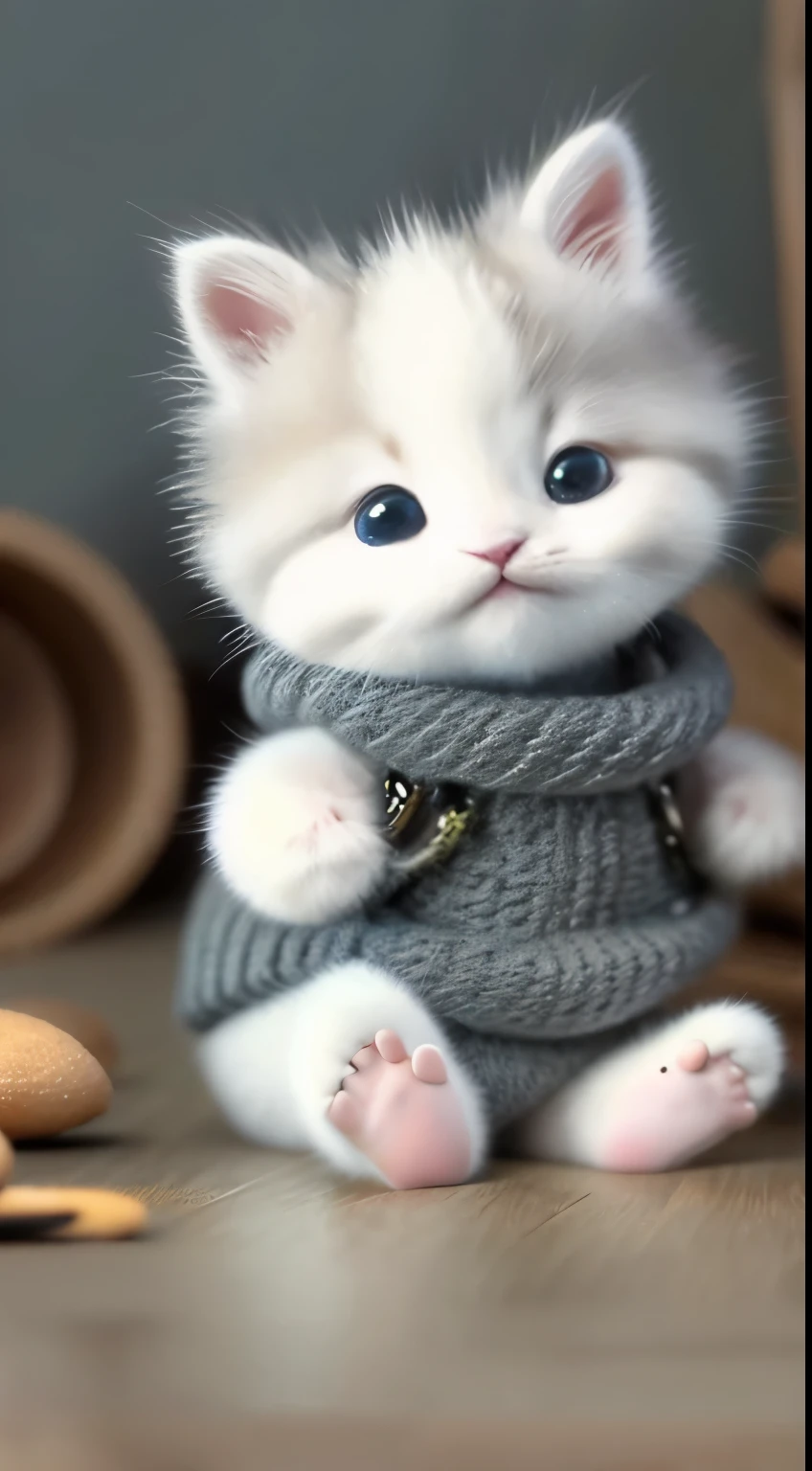kitten in clothes, detailed paws、miniature kitten, Animal focus, bearded, realistic, POV Hand, ambiguous background,smile,interesting、