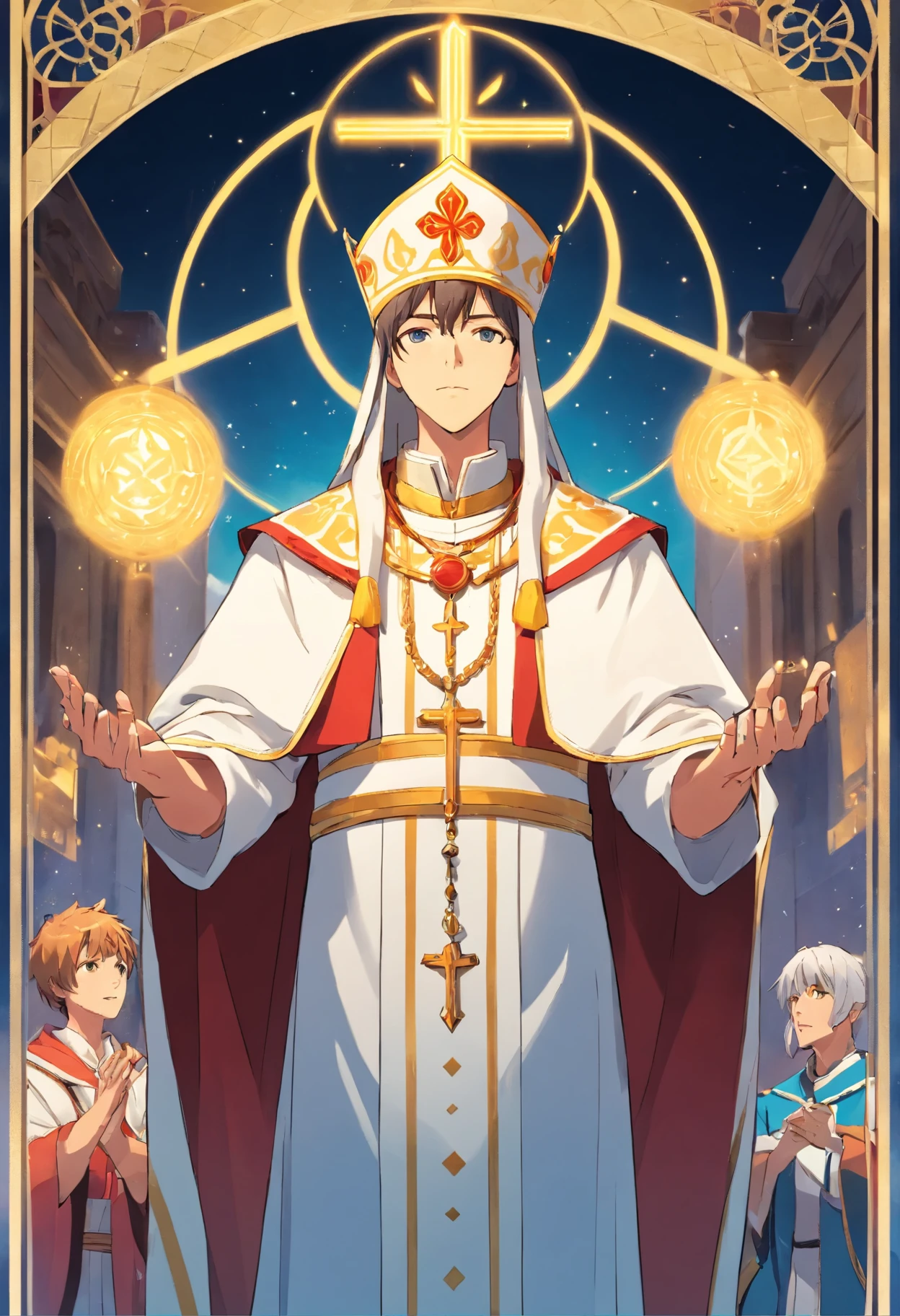 Universal Weight Tarot Card No. 5, Front view of a male Pope preaching