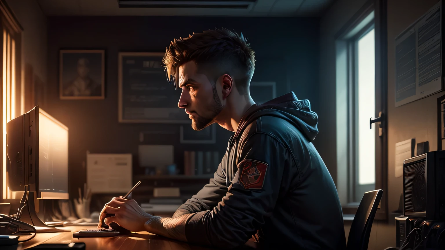 a programmer working on building a computer program in a dystopian setting, Hiper-realista, + cinematic shot + dynamic composition, Incrivelmente detalhado, Afiado, detalhes + superb detalhes + Noite com Luz + perfeccionismo + realismo premiado ((Moody lighting))