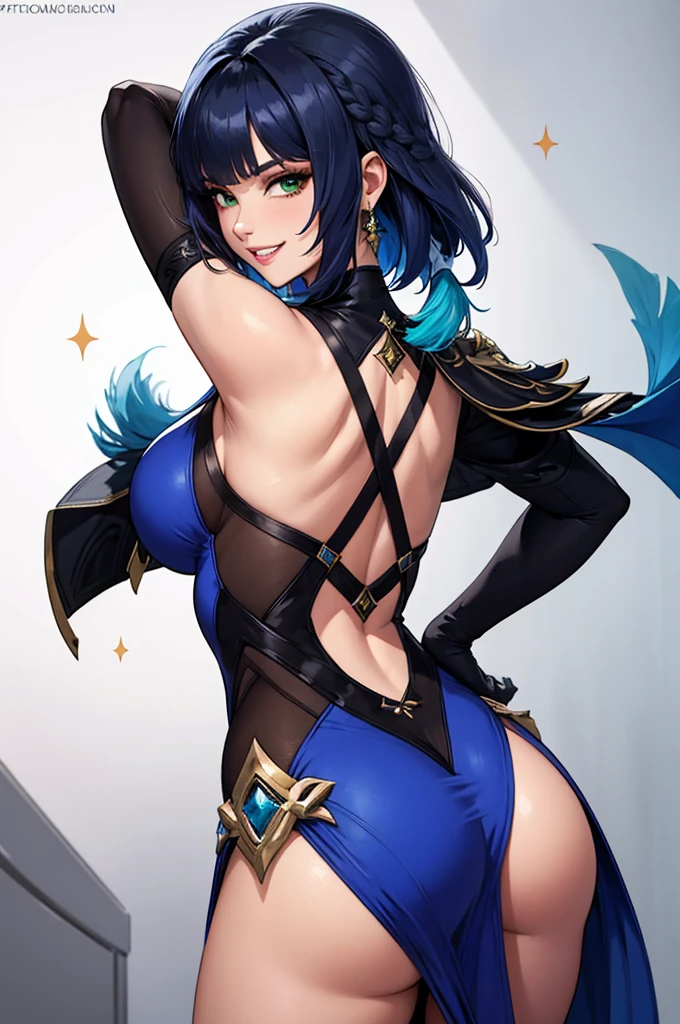 (masterpiece), (highres), yelan, 1girl, solo, looking at viewer, smile, short hair, large breasts, black hair, gloves, dress, jewelry, medium breasts, green eyes, blue hair, jacket, braid, parted lips, sleeveless, elbow gloves, armpits, mole, grin, arm up, sparkle, blue dress, bob cut, white jacket, vision (genshin impact), dice, diagonal bangs, seductive, skin tight outfit, butt, realistic, best quality, ultra detail, ultra high res, extreme detail, 8k, uhd