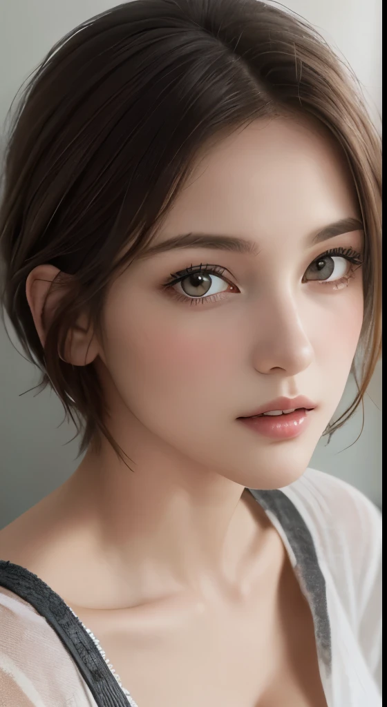 (masterpiece、highest quality、photorealistic、High resolution、photograph、:1.3)、close up shot、sharp focus、one brunette girl、30 years old mature woman、small face、no makeup、、hot models、Highly detailed eyes and pupils、realな肌、slim body shape、Bust B Cup、、cleavage、wet hair、short cut hair、dark brown hair、delicate face、Sensual gaze、glossy lips、((Wearing a Henry shirt))、The background is、gray wall、((real、超real、realism、realなディテール))