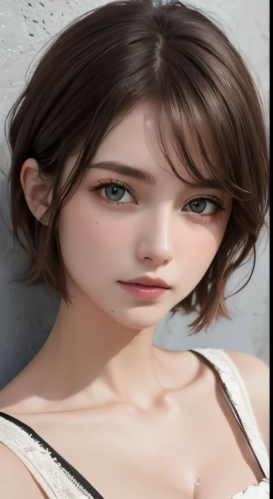 (masterpiece、highest quality、photorealistic、High resolution、photograph、:1.3)、close up shot、sharp focus、one brunette girl、30 years old mature woman、small face、no makeup、、hot models、Highly detailed eyes and pupils、realな肌、slim body shape、Bust B Cup、、cleavage、wet hair、short cut hair、dark brown hair、delicate face、Sensual gaze、glossy lips、((Wearing a Henry shirt))、The background is、gray wall、((real、超real、realism、realなディテール))