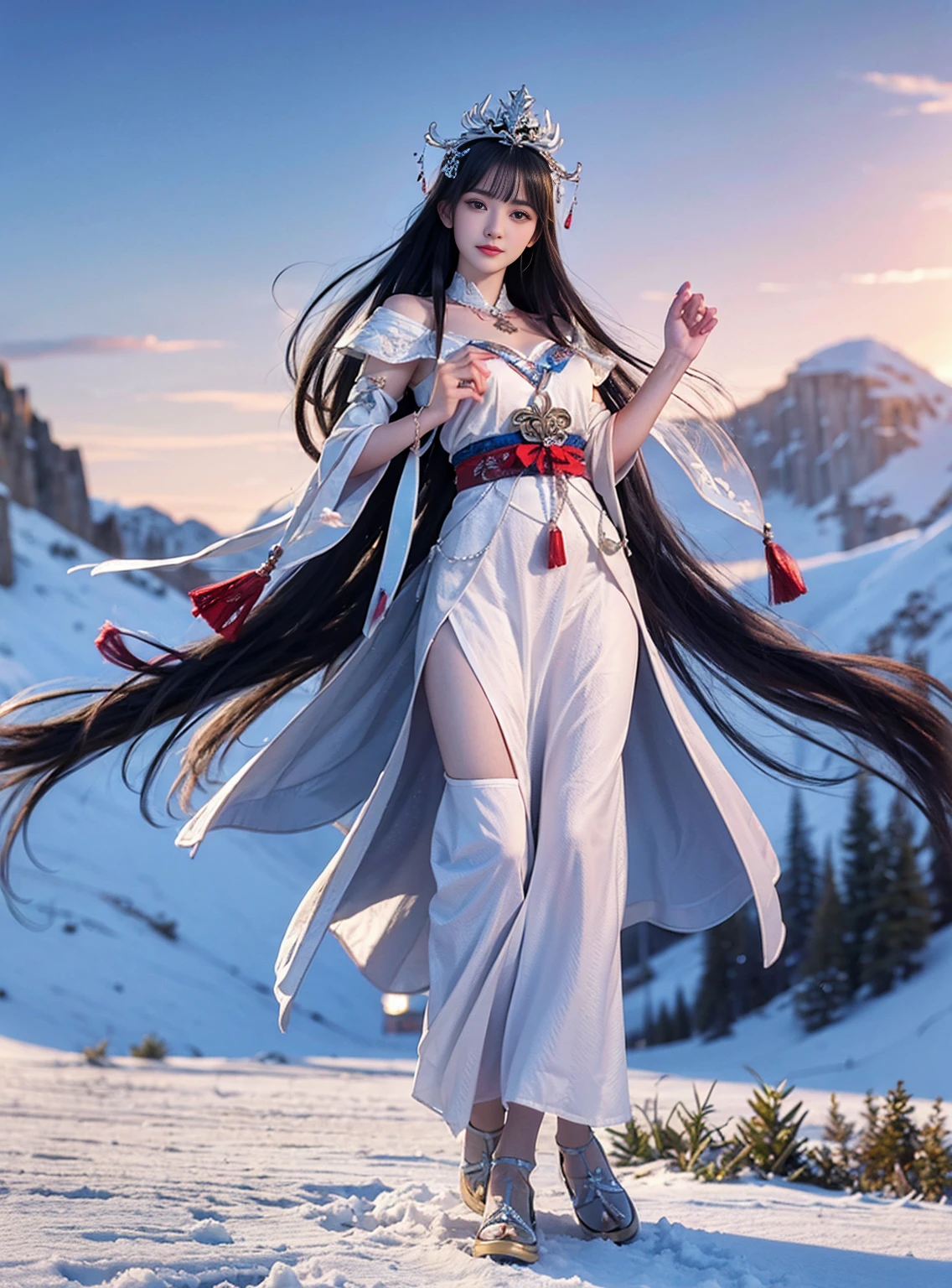best texture, high quality, ultra high definition, 8k, Full body image, Panorama, snow, flying snowflakes, dancing in the snow, girl,Mature figure, Full of Miao silver jewelry, Miao clothing, Silver phoenix crown, oval face, Super detailed face, blue eyes, long eyebrows, White skin, silver long hair, flowing long hair, Rises with the wind, snowflake colorful gifts, actual, Very detailed, high detail, Ultra-clear,
