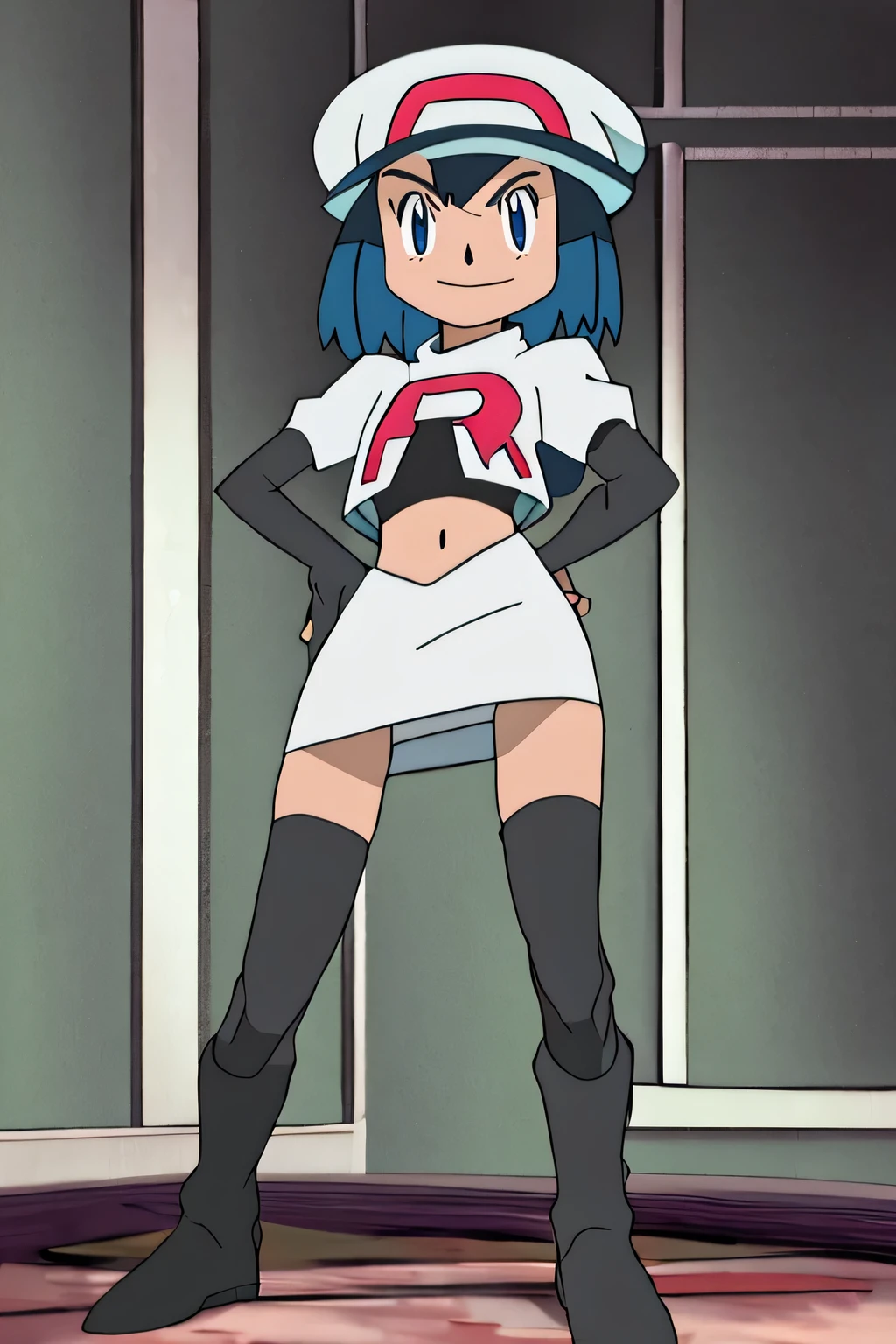 masterpiece, best quality, highres, outdoors, 1girl, solo, dawn (pokemon), hat ,glossy lips ,team rocket uniform, red letter R, white skirt,white crop top,black thigh-high boots, black elbow gloves, evil smile, looking at viewer, cowboy shot.team rocket uniform, red letter r, white skirt,white crop top,black thigh-high boots, black elbow gloves, glaring angrily, looking at viewer, hands on hips, full body seen