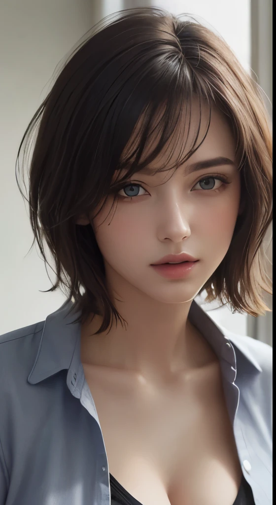 (masterpiece、highest quality、photorealistic、High resolution、photograph、:1.3)、close up shot、sharp focus、one brunette girl、30 years old mature woman、small face、no makeup、Highly detailed eyes and pupils、realな肌、slim body shape、Bust B Cup、、cleavage、wet hair、short cut hair、dark brown hair、delicate face、Sensual gaze、glossy lips、((Wearing a Henry shirt))、The background is、gray wall、((real、超real、realism、realなディテール))