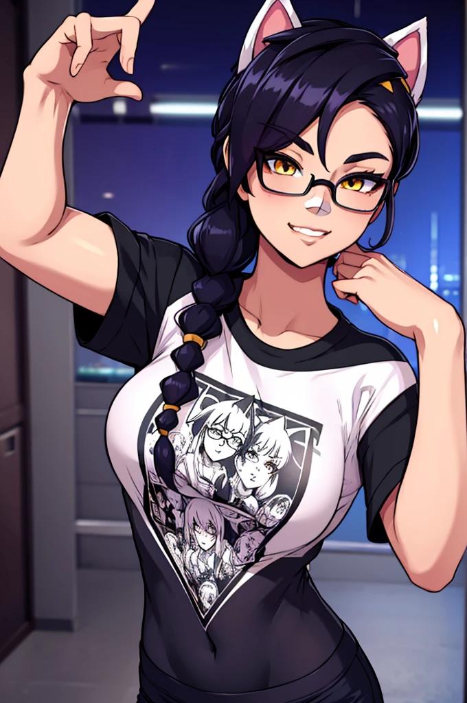 Erisa, 1girl, solo, long hair, looking at viewer, black hair, bandaid on face, yellow eyes, animal ears, smile, bandaid on nose, braid, cat ears, bandaid, bangs, breasts, fake animal ears, simple background, fang, bare shoulders, scar, teeth, shirt, tight shirt, bare shoulders, black shirt, short sleeves, closed mouth, t-shirt, hair over one eye, night city view, portrait, hair over shoulder, shorts, skin tight shirt, tight shorts, butt, legs, glasses, seductive, realistic, best quality, masterpiece, ultra detail, ultra high res, extreme detail, 8k, uhd