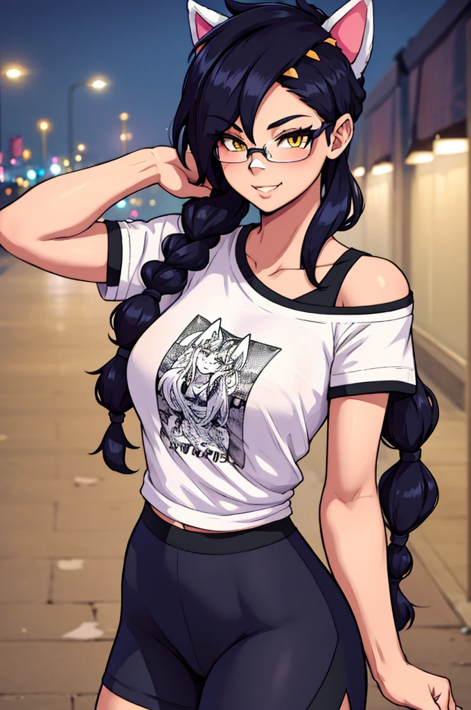 Erisa, 1girl, solo, long hair, looking at viewer, black hair, bandaid on face, yellow eyes, animal ears, smile, bandaid on nose, braid, cat ears, bandaid, bangs, breasts, fake animal ears, simple background, fang, bare shoulders, scar, teeth, shirt, tight shirt, bare shoulders, black shirt, short sleeves, closed mouth, t-shirt, hair over one eye, night city view, portrait, hair over shoulder, shorts, skin tight shirt, tight shorts, butt, legs, glasses, seductive, realistic, best quality, masterpiece, ultra detail, ultra high res, extreme detail, 8k, uhd