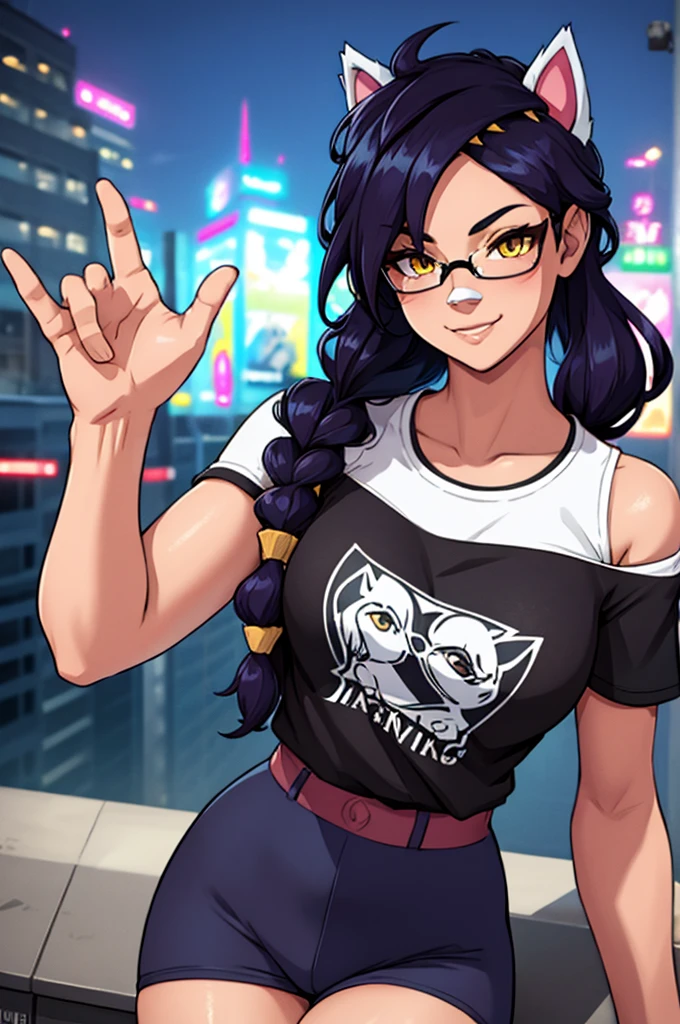 Erisa, 1girl, solo, long hair, looking at viewer, black hair, bandaid on face, yellow eyes, animal ears, smile, bandaid on nose, braid, cat ears, bandaid, bangs, breasts, fake animal ears, simple background, fang, bare shoulders, scar, teeth, shirt, tight shirt, bare shoulders, black shirt, short sleeves, closed mouth, t-shirt, hair over one eye, night city view, portrait, hair over shoulder, shorts, skin tight shirt, tight shorts, butt, legs, glasses, seductive, realistic, best quality, masterpiece, ultra detail, ultra high res, extreme detail, 8k, uhd