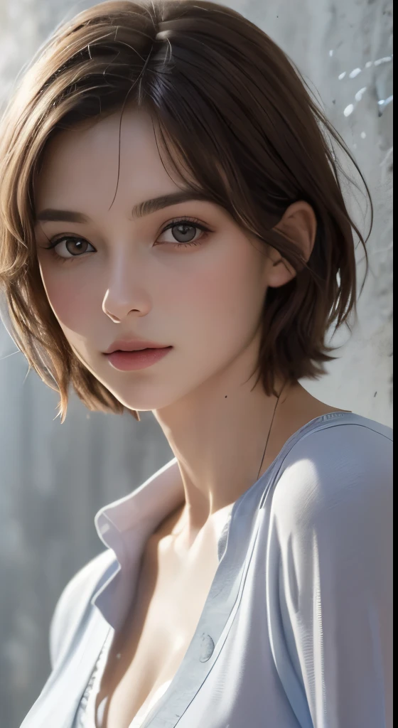 (masterpiece、highest quality、photorealistic、High resolution、photograph、:1.3)、close up shot、sharp focus、one brunette girl、30 years old mature woman、small face、no makeup、Highly detailed eyes and pupils、realな肌、slim body shape、Bust B Cup、、cleavage、wet hair、short cut hair、dark brown hair、delicate face、Sensual gaze、glossy lips、((Wearing a Henry shirt))、The background is、gray wall、((real、超real、realism、realなディテール))