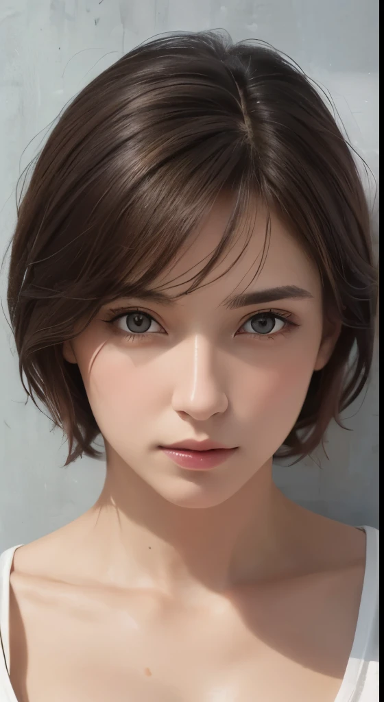 (masterpiece、highest quality、photorealistic、High resolution、photograph、:1.3)、close up shot、sharp focus、one brunette girl、30 years old mature woman、small face、no makeup、Highly detailed eyes and pupils、realな肌、slim body shape、Bust B Cup、、cleavage、wet hair、short cut hair、dark brown hair、delicate face、Sensual gaze、glossy lips、((Wearing a Henry shirt))、The background is、gray wall、((real、超real、realism、realなディテール))