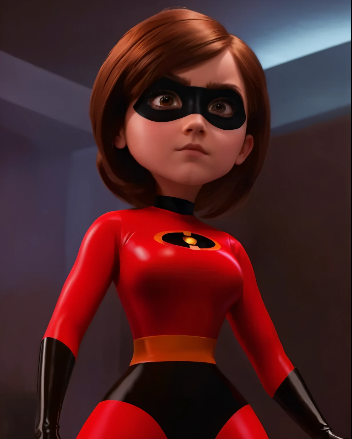 emma watson became elastigirl, hyper detailed latex suit, hyperrealism, black hero mask, brown short hair, curious expression, huge chest, curviline, 