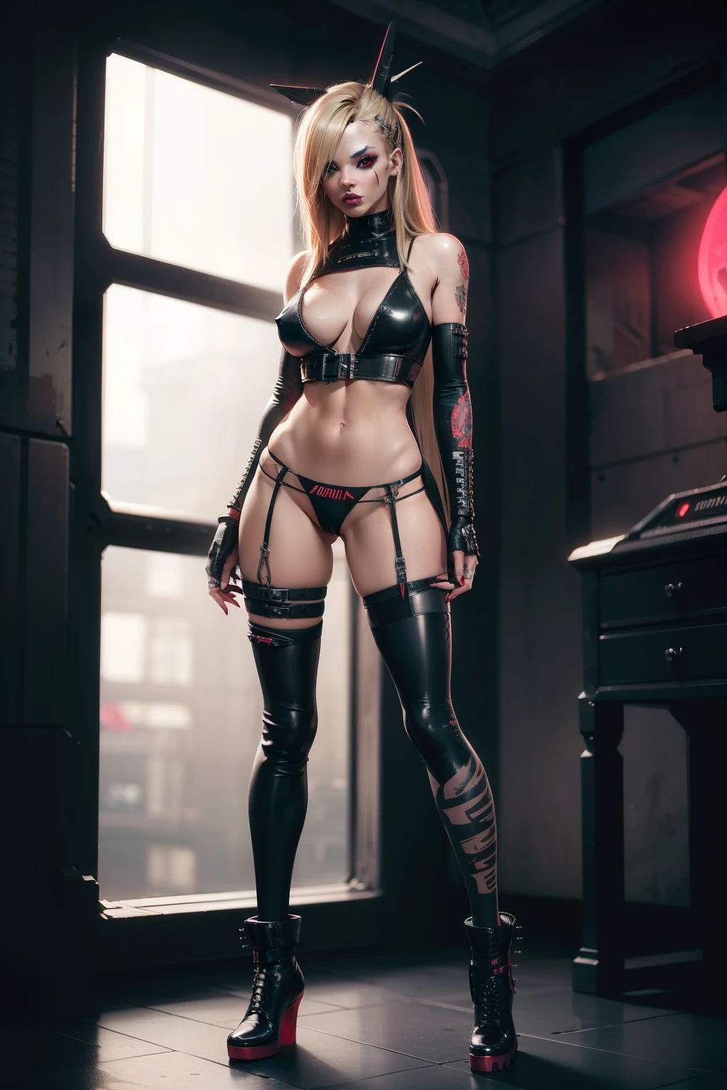 Sexy punk standing front position wearing punk clothes, long blonde hair, (sexy thong:1.3), bright red eyes, punk, (sexy full body:1.15), (sexy punk outfit:1.2), (stuffed:1.2), Futuristic style, poorly covered, [NSFW], (color palette: 1.2), Rent, master piece, best quality, detailed, extremely detailed, no panties, Success and visibility