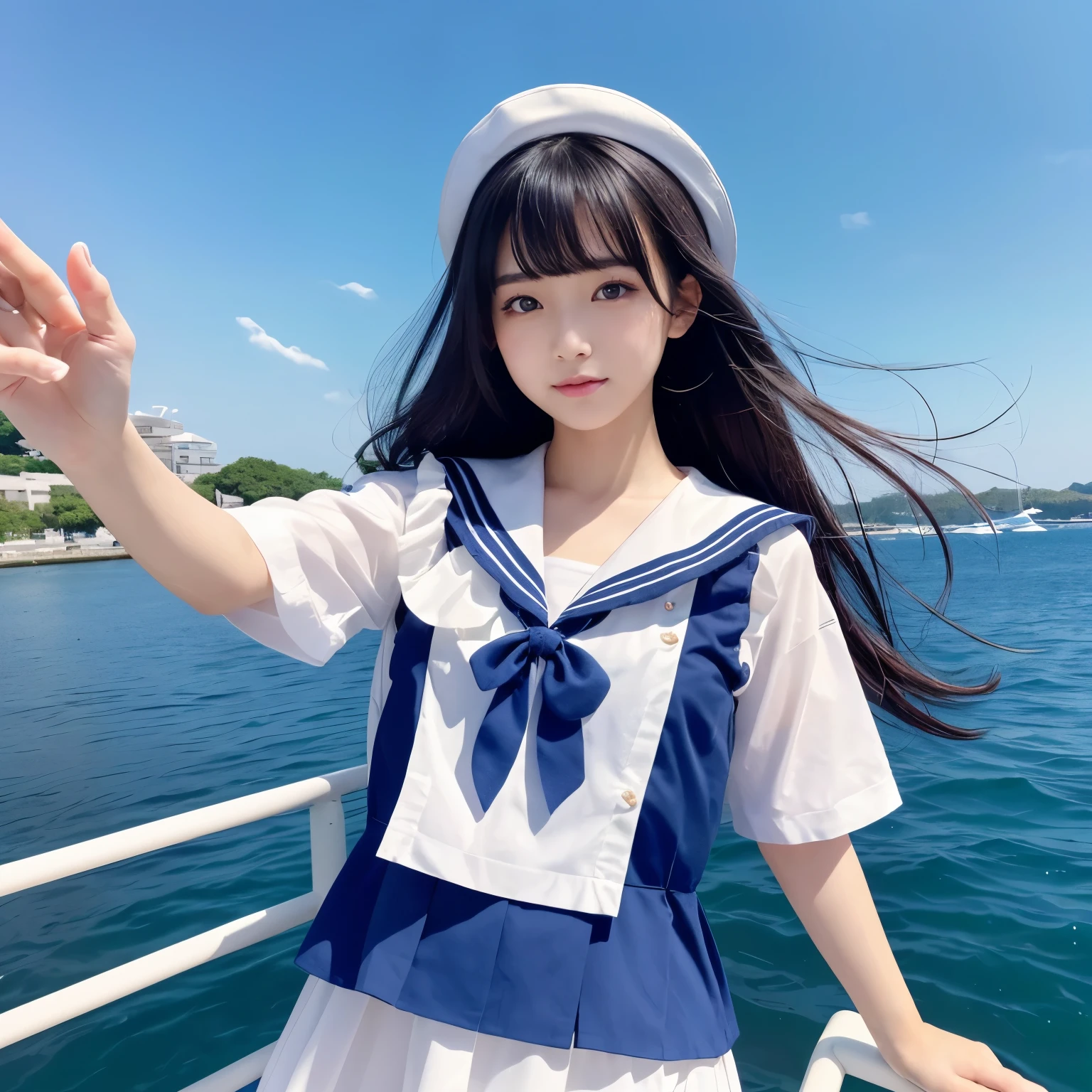 a girl in a sailor outfit standing on the beach, kantai collection style, shiny dress, photograph, loli in dress, at the sea, photograph 8k, wallpaper blue water, photograph visual of a cute girl, ocean in the background, small curvy loli, wallpaper 8k, {close-up}