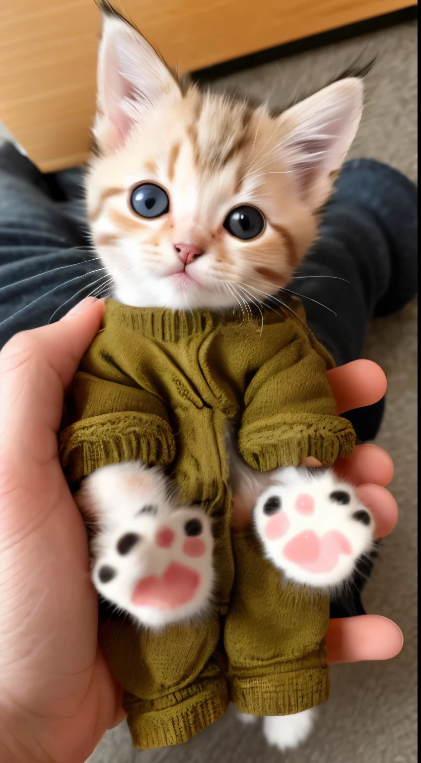 kitten in clothes, detailed paws、Cute Paw、miniature kitten, Animal focus, bearded, realistic, POV Hand, ambiguous background,smile,interesting、