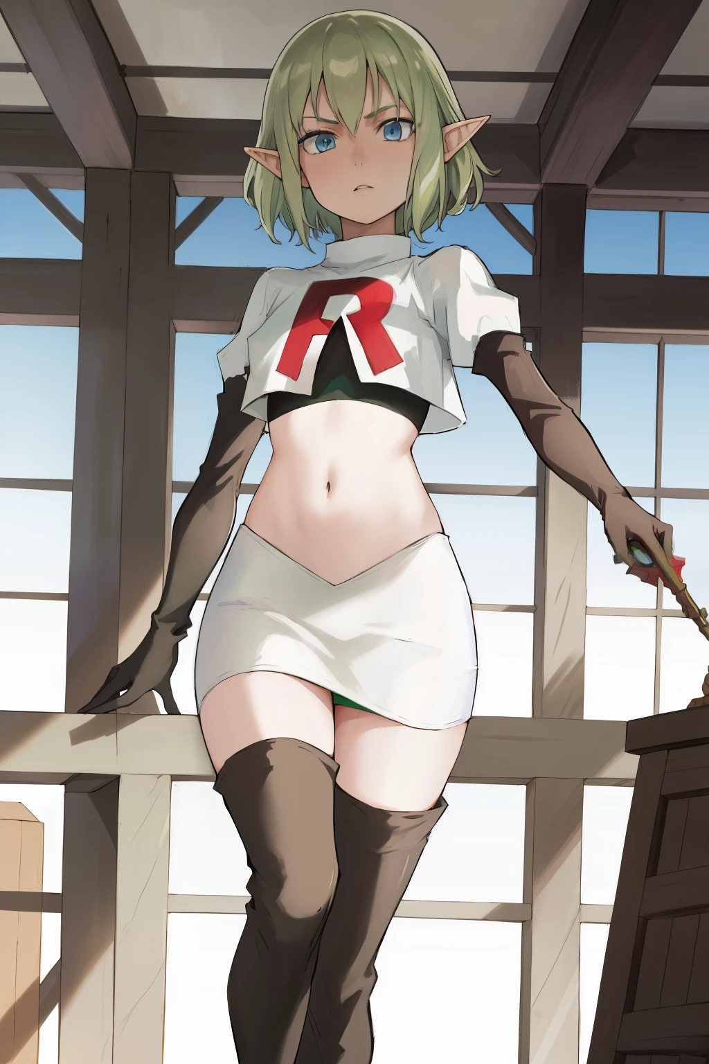 masterpiece,best quality,anime,2d,detailed face,
1girl, solo, pointy ears, blue eyes,green hair, looking at viewer, short hair, indoors, elf,medium breasts, team rocket,team rocket uniform, red letter R, white skirt,white crop top,black thigh-highs,black elbow gloves
