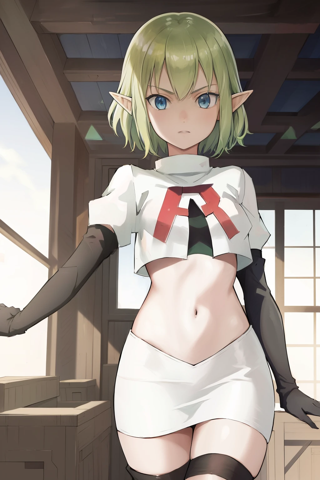 masterpiece,best quality,anime,2d,detailed face,
1girl, solo, pointy ears, blue eyes,green hair, looking at viewer, short hair, indoors, elf,medium breasts, team rocket,team rocket uniform, red letter R, white skirt,white crop top,black thigh-highs,black elbow gloves