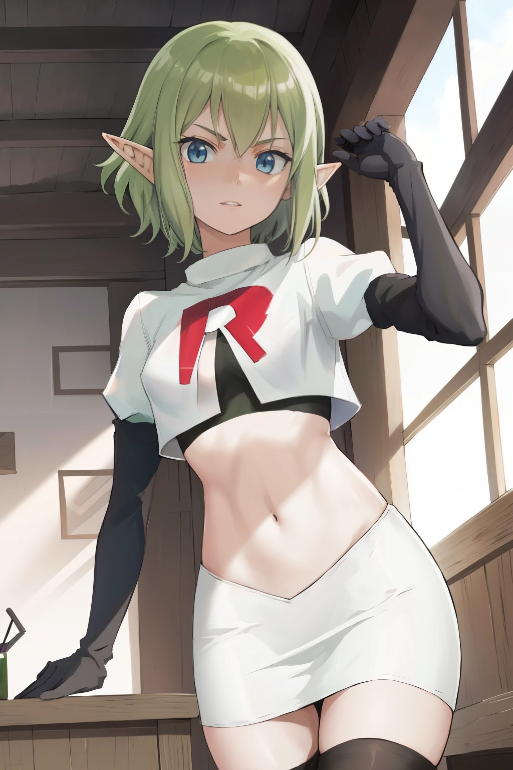 masterpiece,best quality,anime,2d,detailed face,
1girl, solo, pointy ears, blue eyes,green hair, looking at viewer, short hair, indoors, elf,medium breasts, team rocket,team rocket uniform, red letter R, white skirt,white crop top,black thigh-highs,black elbow gloves