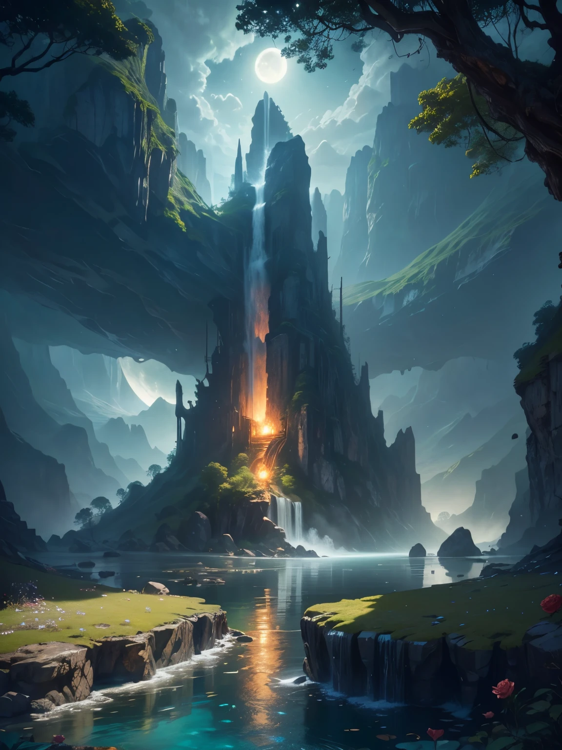 there is a large waterfall in the middle of a mountain, ancient city, epic matte painting of an island, the lost city of atlantis, an aztec city in a island lake, ancient city landscape, lost city of atlantis, marc simonetti. intricate, beautiful concept art, stunning concept art, highly realistic concept art, art style of marc simonetti, (((masterpiece))), best quality, high quality, extremely detailed CG unity 8k wallpaper, scenery, outdoors, sky, cloud, no people, mountain, landscape, water, tree, blue sky, waterfall, cliff, nature, lake, river, cloudy sky,award winning photography, Bokeh, Depth of Field, HDR, bloom, Chromatic Aberration ,Photorealistic,extremely detailed, trending on artstation, trending on CGsociety, Intricate, High Detail, dramatic, art by midjourney, tall waterfall, painting of a river with rocks and trees in the foreground, near a river, landscape, jungle, waterfall, crystal clear water, night light,((full moon)), colorful, river with rocks, rock bridge, epic, fantasy, ((roses and flowers on the banks of the pond)), ((oil painting)), moon landscape reflected in river, ((rock bridge))