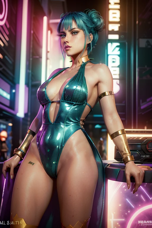 Best quality, 8K, vivid color, woman retro super hero futurism, full body, standing, facing away from the observer, golden hair, long eyelashes, light purple shiny leotard, cleavage, metalic details, light green pantyhose, neutral sci-fi scenario