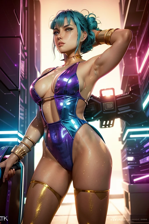 Best quality, 8K, vivid color, woman retro super hero futurism, full body, standing, facing away from the observer, golden hair, long eyelashes, light purple shiny leotard, cleavage, metalic details, light green pantyhose, neutral sci-fi scenario
