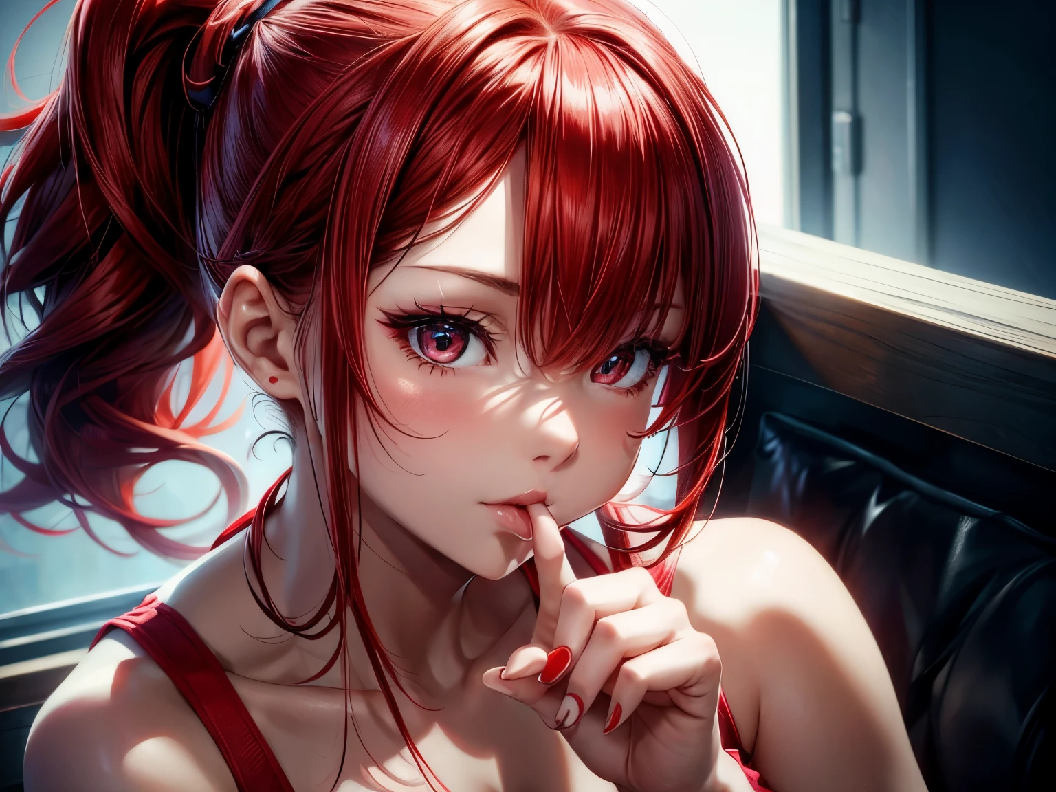girl, ponytail, red hair, in summer clothing, erotically sitting, parted lips, one of finger in mouth,illustration,ultra-detailed,highres,realistic,vivid colors,soft lighting
