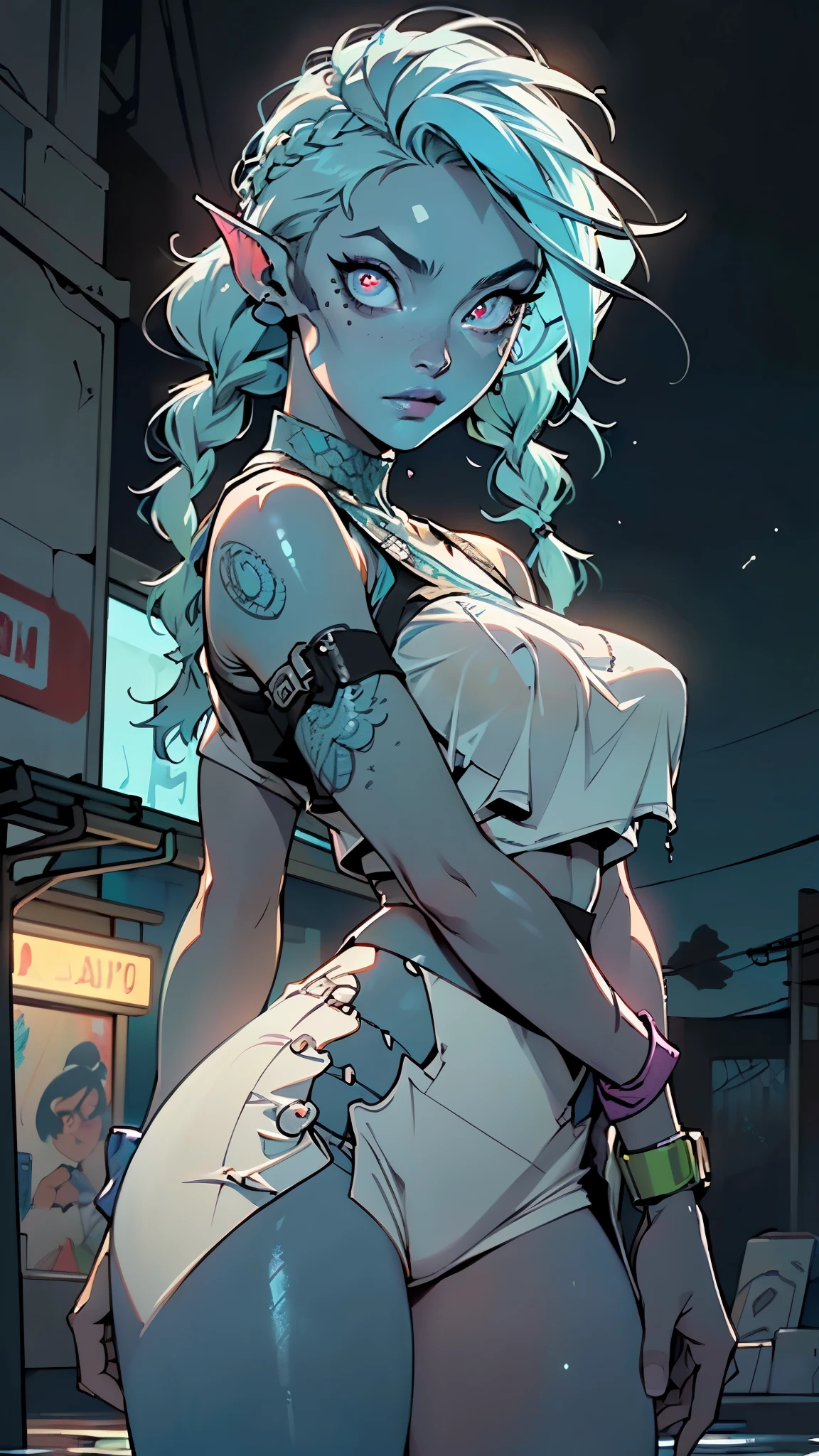 girl alien,(((1girl))),((beautiful girl alien)),
Alien Fish girl, ((blue skin:1.5)), (huge eyes:1.5), (((ear fins:1.5))), (((scaly skin:1.5))),((monster_girl)),(deep blue skin:1.5),
(light blue hair:1.5), long hair, (((braids hair:1.5))),
(glowing eyes),((heterochromia:1.5, (green_eye and blue_eye))), (((black sclera:1.5))),symmetrical eyes,(large breasts:1.4),saggy breasts,((colored inner hair,)),((fat)),(((shiny body,plastic glitter skin,exaggerated shiny skin,illuminated skin,wet legs))),(spider lower abdomen,narrow waist,wide hip,athletic body,inflated legs, thick thighs,detailed body,(detailed face)),
cute,slutty,seductive,erotic,((nsfw)),
zettai ryouiki,revealing clothing,show skin,((wearing underwater rave shirt with an yellow print,rave mini-skirt,visible thong straps)),((underpants strap)),(wearing a underwater rave outfit:1.3,underwater rave clothes,semi-naked,with little clothing),(((wet clothes,intricate outfit,intricate clothes))),
(dynamic pose:1.0),solo focus,embarrassed,(centered,scale to fit dimensions,Rule of thirds),
cyberpunk city by the ocean at night, with bright neon signs and dark stormy clouds and puddles, scenery:1.25,nighttime, starry night, cosmos,Very dark night that makes the neon lights stand out, very bright neon lights,
artistic photography,(photography taken by sldr),highres, sharp focus,(ultra detailed, extremely detailed), (photorealistic artwork:1.37),(extremely detailed CG unity 8k wallpaper),((synthwave background theme)),(((vibrant colors))),intricate,(intricate background),(masterpiece),(best quality),perfect rendered face,perfect face details,realistic face,photo realistic,analog style,((intricate detail)),(((realism))),