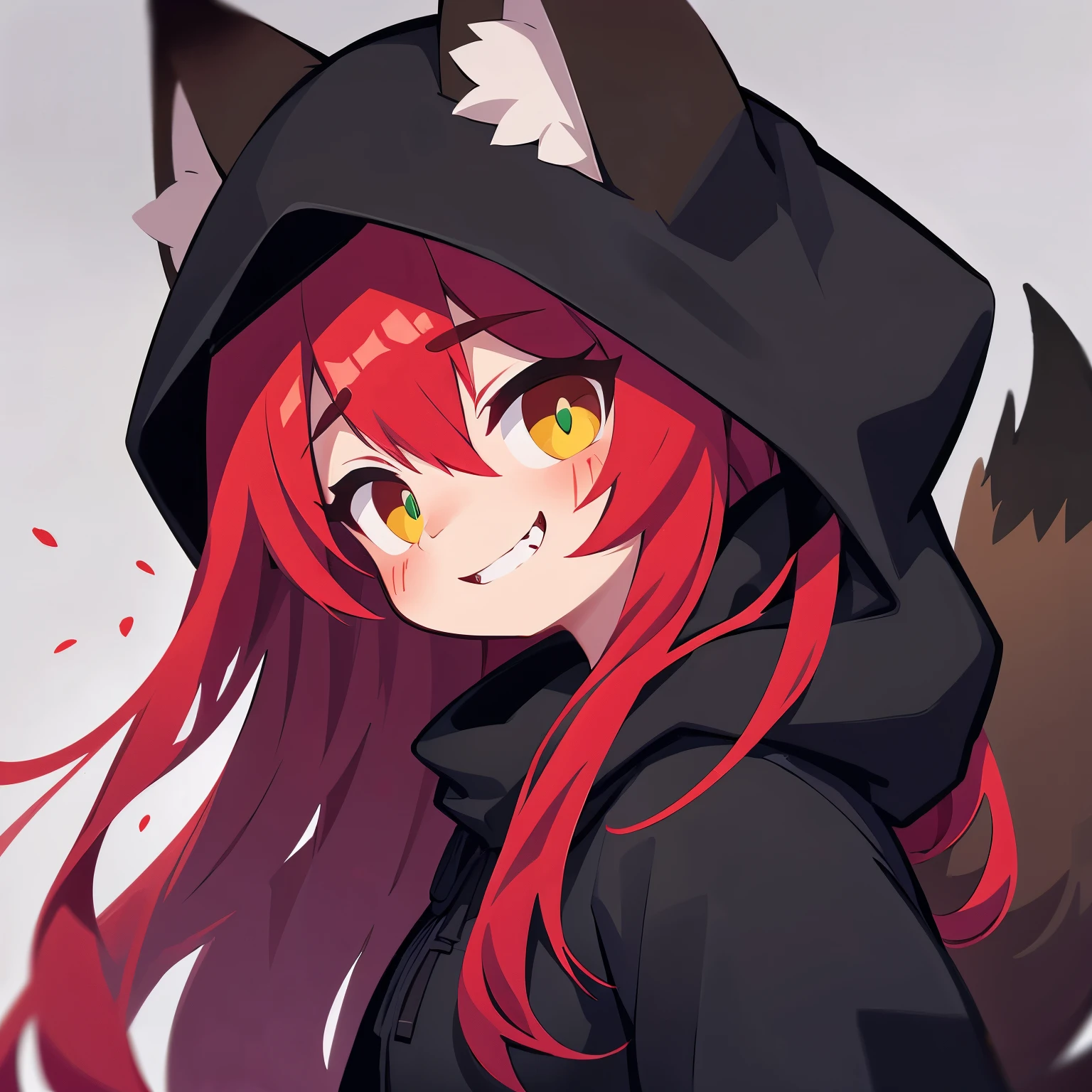1girl, solo, long red hair, from side, green eyes with vertical pupil, fox ears, long black coat, black fur hood, red fox tail, vertical scar, right eye obscured, solemn smile, expression, sharp teeth, arrogant look, face and clothes stained with blood, gray earth, blood and corpses, smoky clouds, rating: sensitive, raised chin, facial expression