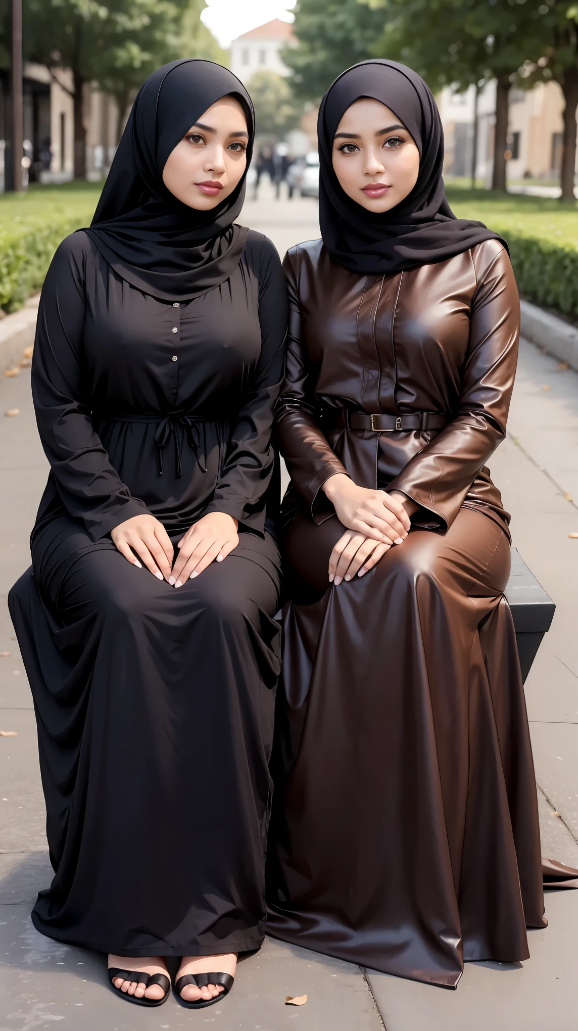 RAW, Best quality, high resolution, masterpiece: 1.3), two beautiful Malay woman in hijab, Masterpiece, perfect fit body, big breasts,, beautiful big eyes, Soft smile, two muslim women sitting next to each other on a street, wearing beautiful clothes, black and brown colors, modest!, dressed with long fluent clothes, very beautiful style, black and brown, modestly dressed, modest, hijab, modern fashion outfit, highly aesthetic, beautiful burqa's woman, marvelous style, casual clothing style, wearing brown robes, with lovely look , City parks, Great lighting, Bright colors, Ultra realistic clean lines, very realistic