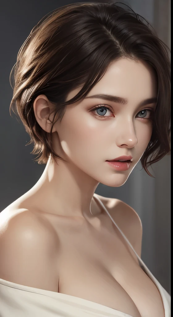 cinematic lighting、perfection、soft light、High resolution skin:1.2、realistic skin texture、30 year old mature woman、small face、no makeup、off shoulder、Bust B Cup、exposed cleavage、red eyes、short hair、dark brown hair、full nude、gray background、