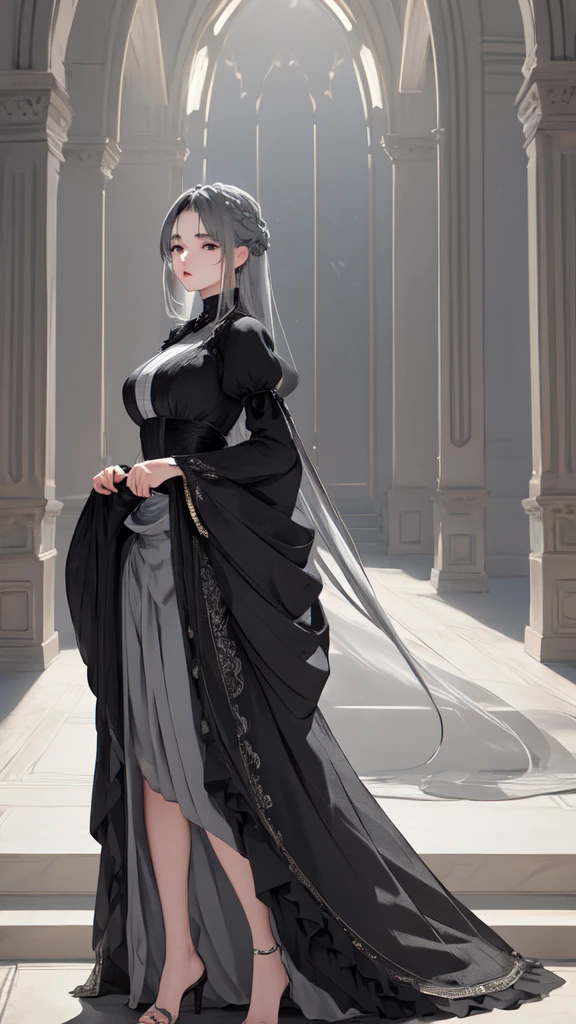 (best quality,8k,masterpiece:1.2),extremely detailed,1girl, grey two-tone hair,dress,long skirt,beautiful detailed face,elaborate,dramatic lighting,4k,detailed background,caustics,portraits,full body shot,looking at the viewer, front view, under postion