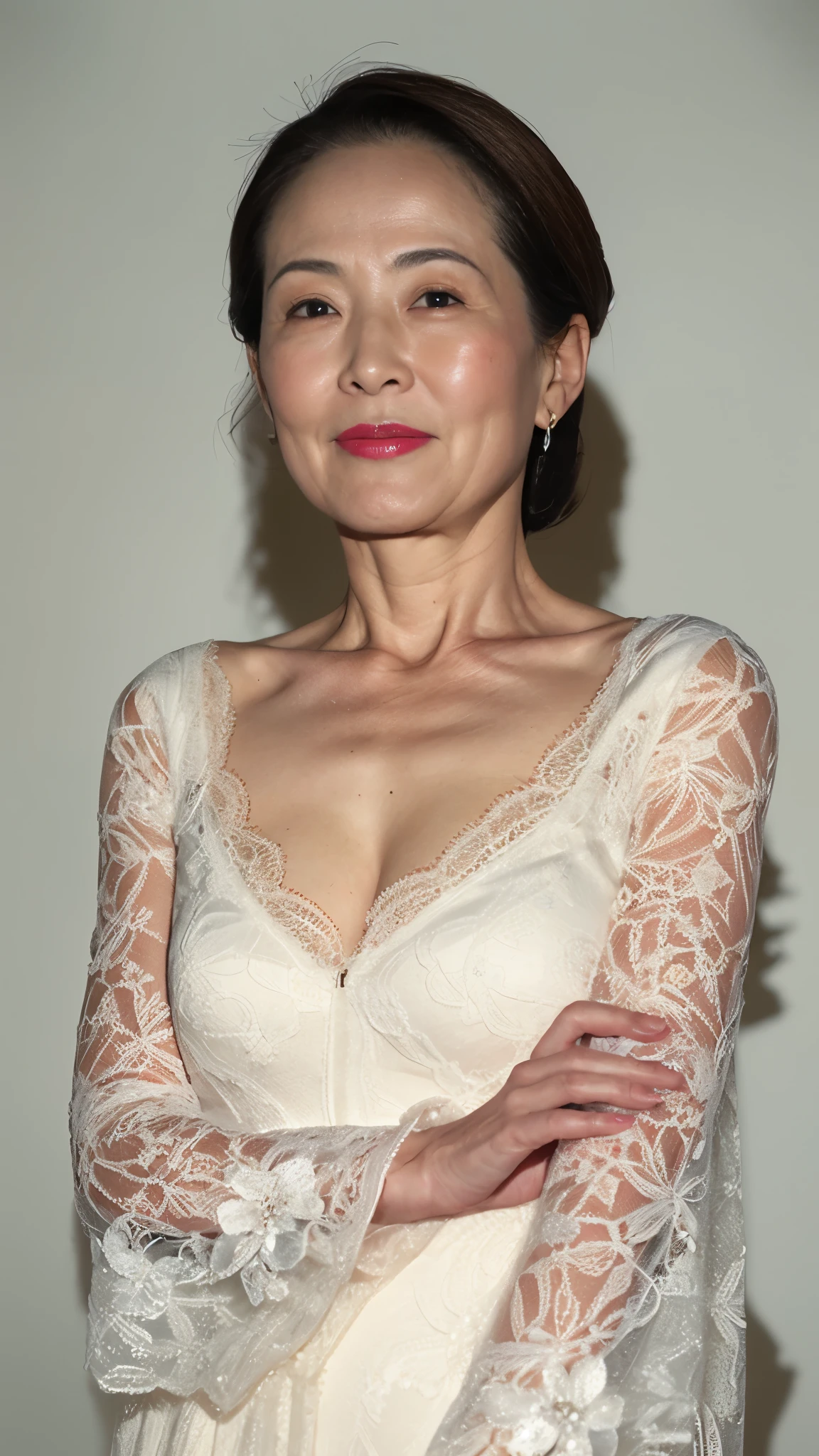 Remove the background, gravure, (long face), describe the lips correctly, red lipstick, from the chest up, elderly AV actress, old face, highest quality, super detailed, realistic, super dense skin, perfect anatomy, (1 Japanese mature woman), (Erotic), 100 years old, big breasts, Bewitching, Glamour, Sexy, pure white skin, looking at the viewer,
