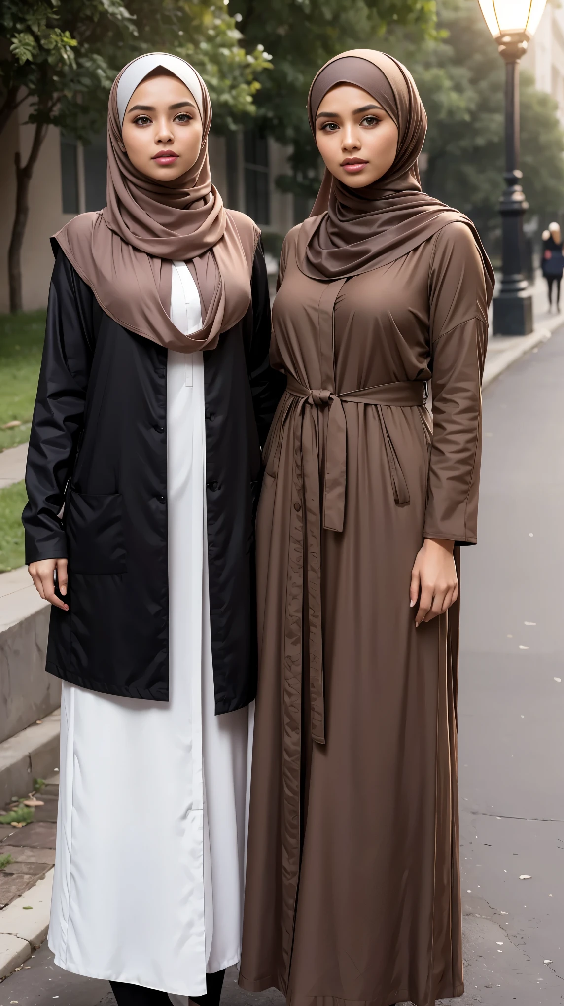 RAW, Best quality, high resolution, masterpiece: 1.3), two beautiful Malay woman in hijab, Masterpiece, perfect fit body, big breasts,, beautiful big eyes, Soft smile, two muslim women standing next to each other on a street, wearing beautiful clothes, black and brown colors, modest!, dressed with long fluent clothes, very beautiful style, black and brown, modestly dressed, modest, hijab, modern fashion outfit, highly aesthetic, beautiful burqa's woman, marvelous style, casual clothing style, wearing brown robes, with lovely look , City parks, Great lighting, Bright colors, Ultra realistic clean lines, very realistic