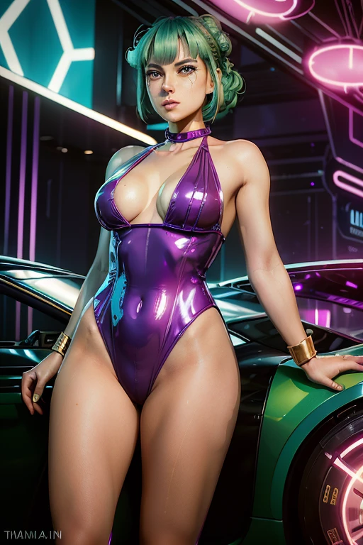 Best quality, 8K, vivid color, woman retro super hero futurism, full body, standing, LOOKING TO observer, golden hair, long eyelashes, light purple shiny GLOSSY leotard, cleavage, metalic details, green pantyhose, neutral sci-fi scenario